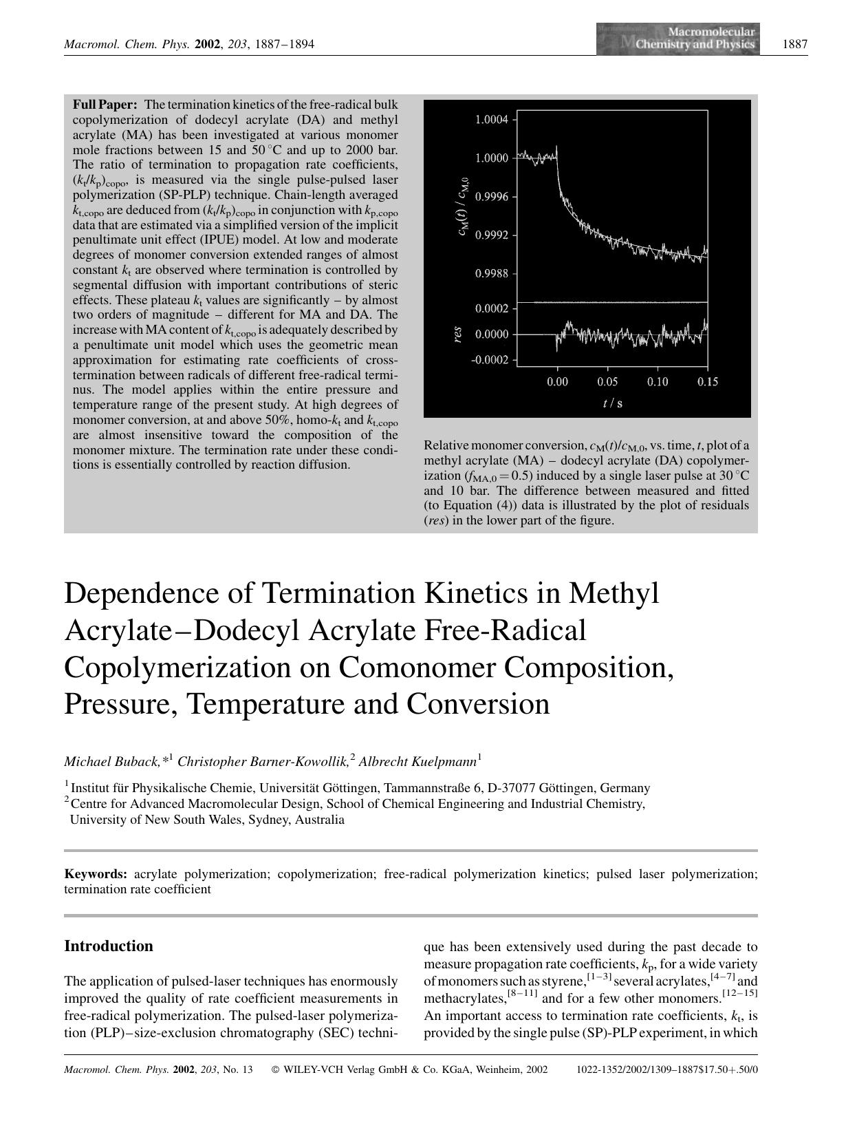 Dependence of termination kinetics in methyl acrylate-dodecyl acrylate free-radical copolymerization on comonomer composition, pressure, temperature and conversion by Unknown