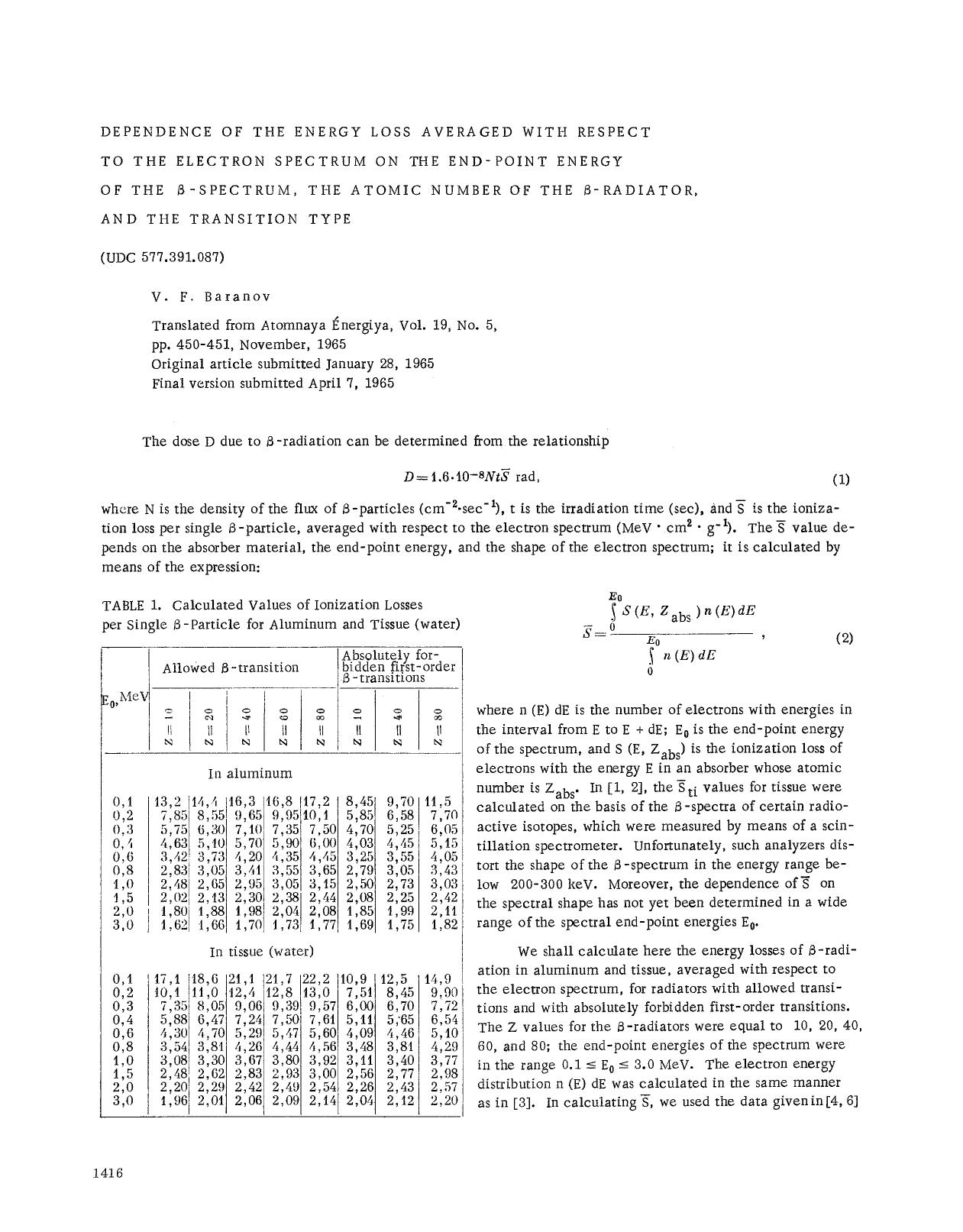 Dependence of the energy loss averaged with respect to the electron spectrum on the end-point energy of the &#x03B2;-spectrum, the atomic number of the &#x03B2;-radiator, and the transition type by Unknown