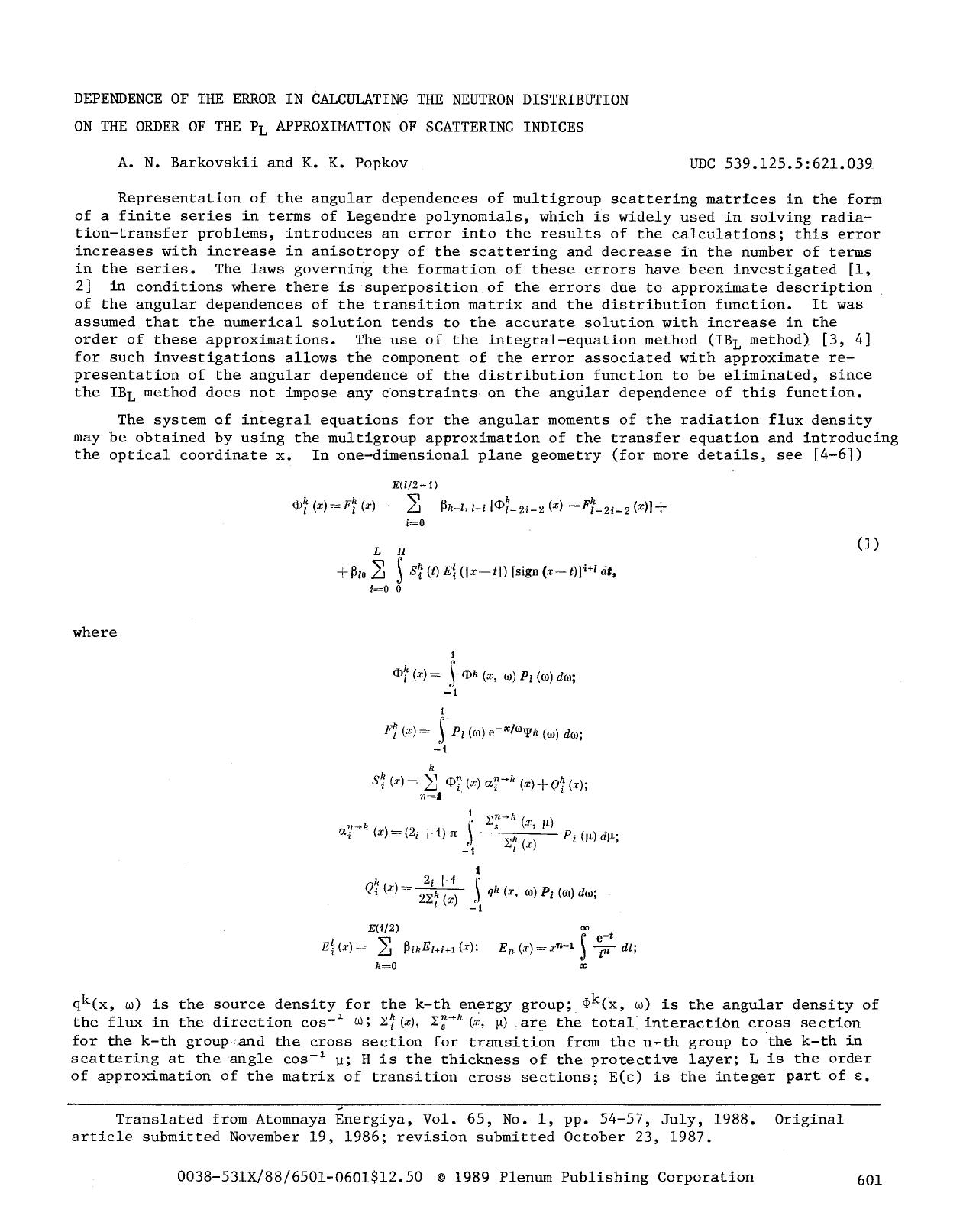 Dependence of the error in calculating the neutron distribution on the order of the P <Subscript>L <Subscript> approximation of scattering indices by Unknown
