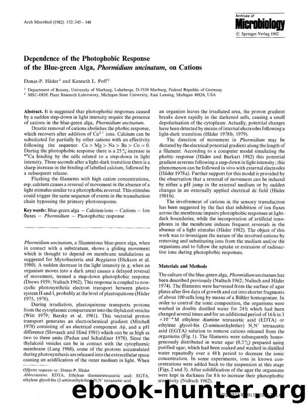 Dependence of the photophobic response of the blue-green alga, <Emphasis Type="Italic">Phormidium uncinatum<Emphasis>, on cations by Unknown