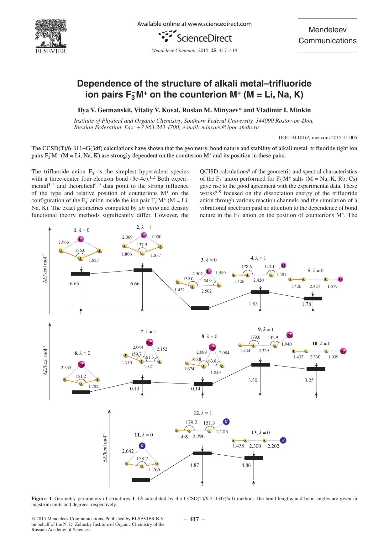 Dependence of the structure of alkali metalâtrifluoride ion pairs F3âM+ on the counterion M+ (M = Li, Na, K) by Ilya V. Getmanskii & Vitaliy V. Koval & Ruslan M. Minyaev & Vladimir I. Minkin