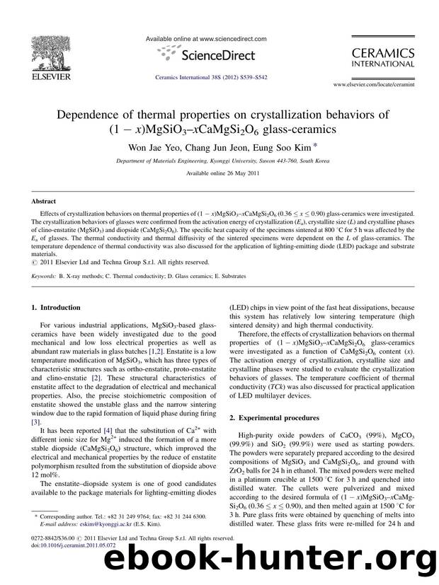 Dependence of thermal properties on crystallization behaviors of (1âx)MgSiO3âxCaMgSi2O6 glass-ceramics by Won Jae Yeo