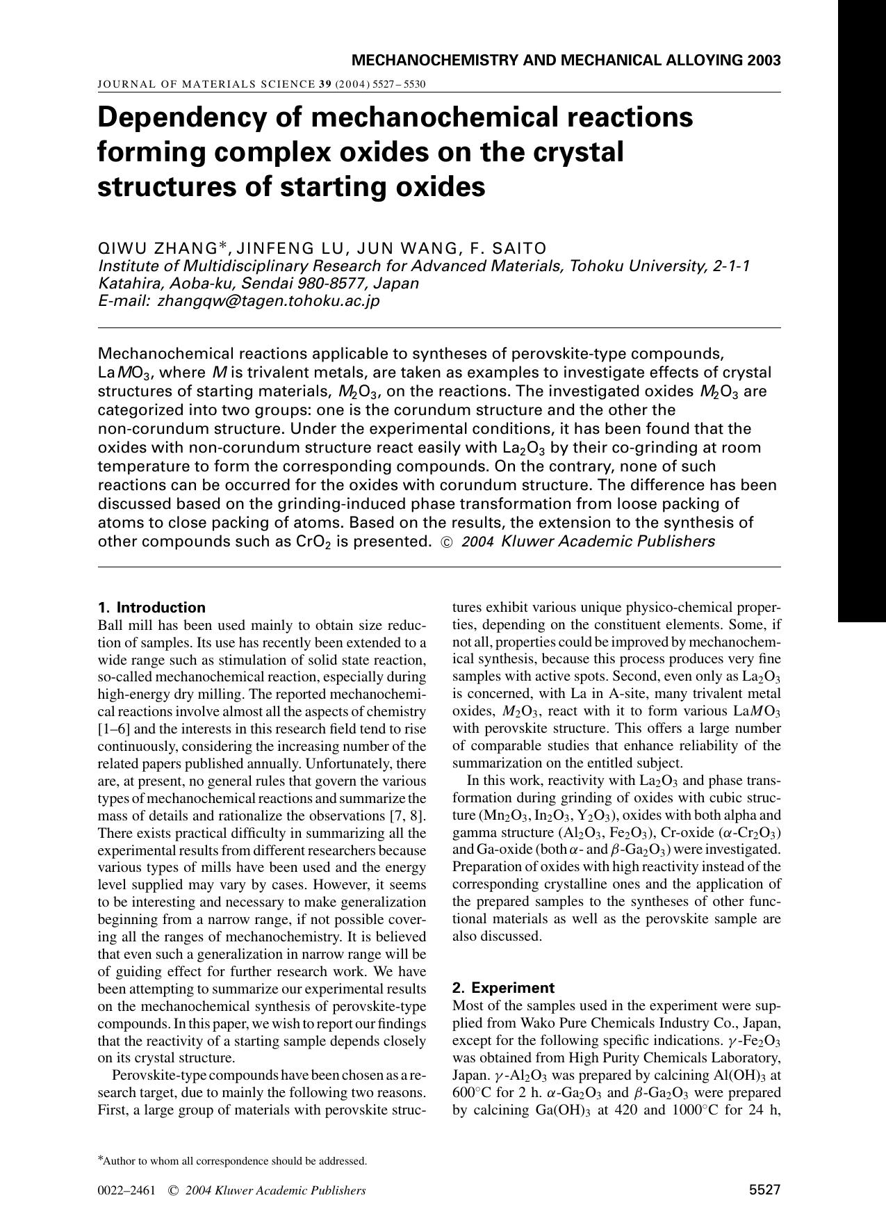 Dependency of mechanochemical reactions forming complex oxides on the crystal structures of starting oxides by Unknown