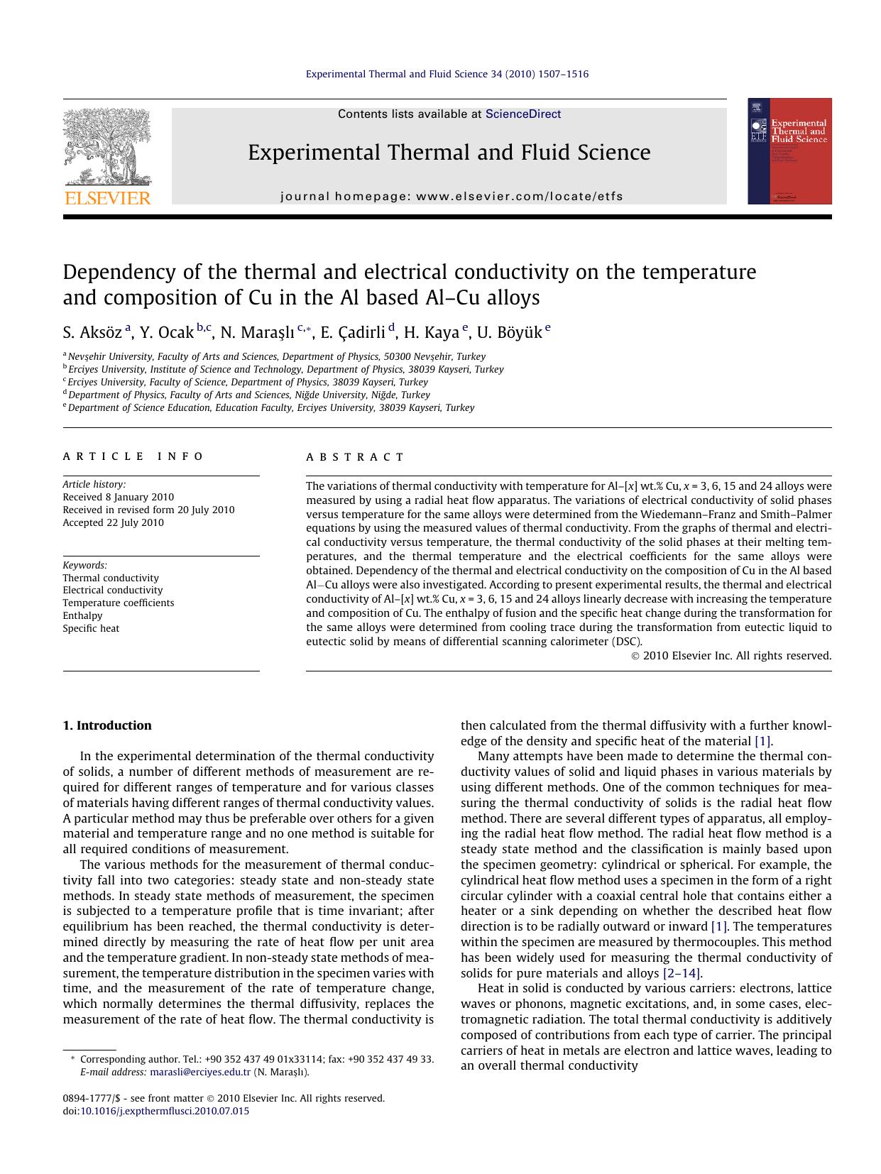 Dependency of the thermal and electrical conductivity on the temperature and composition of Cu in the Al based AlÃ¢â¬âCu alloys by S. AksÃ¶z & Y. Ocak & N. Maraşlı & E. Çadirli & H. Kaya & U. Böyük