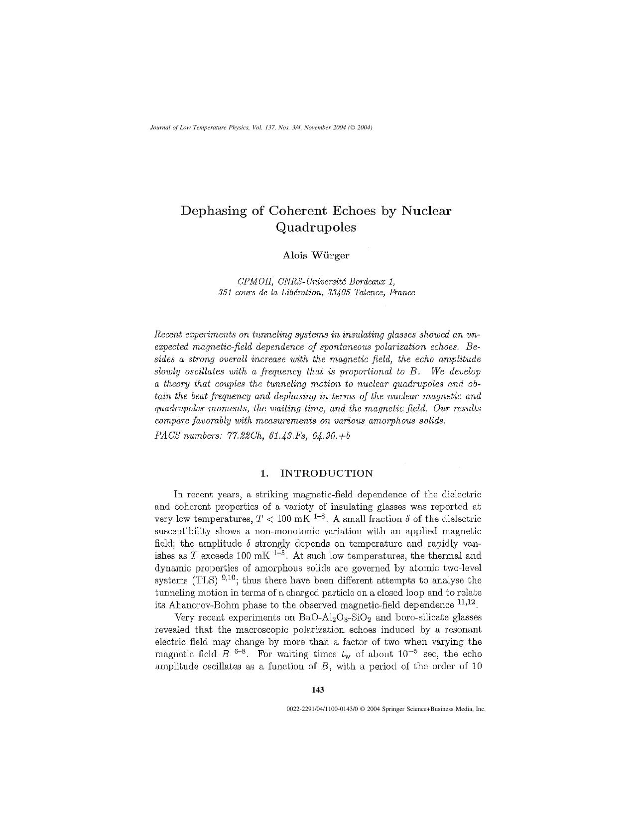Dephasing of Coherent Echoes by Nuclear Quadrupoles by Unknown