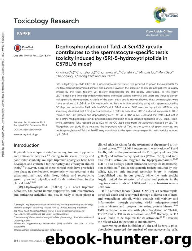 Dephosphorylation of Tak1 at Ser412 greatly contributes to the spermatocyte-specific testis toxicity induced by (5R)-5-hydroxytriptolide in C57BL6 mice by unknow