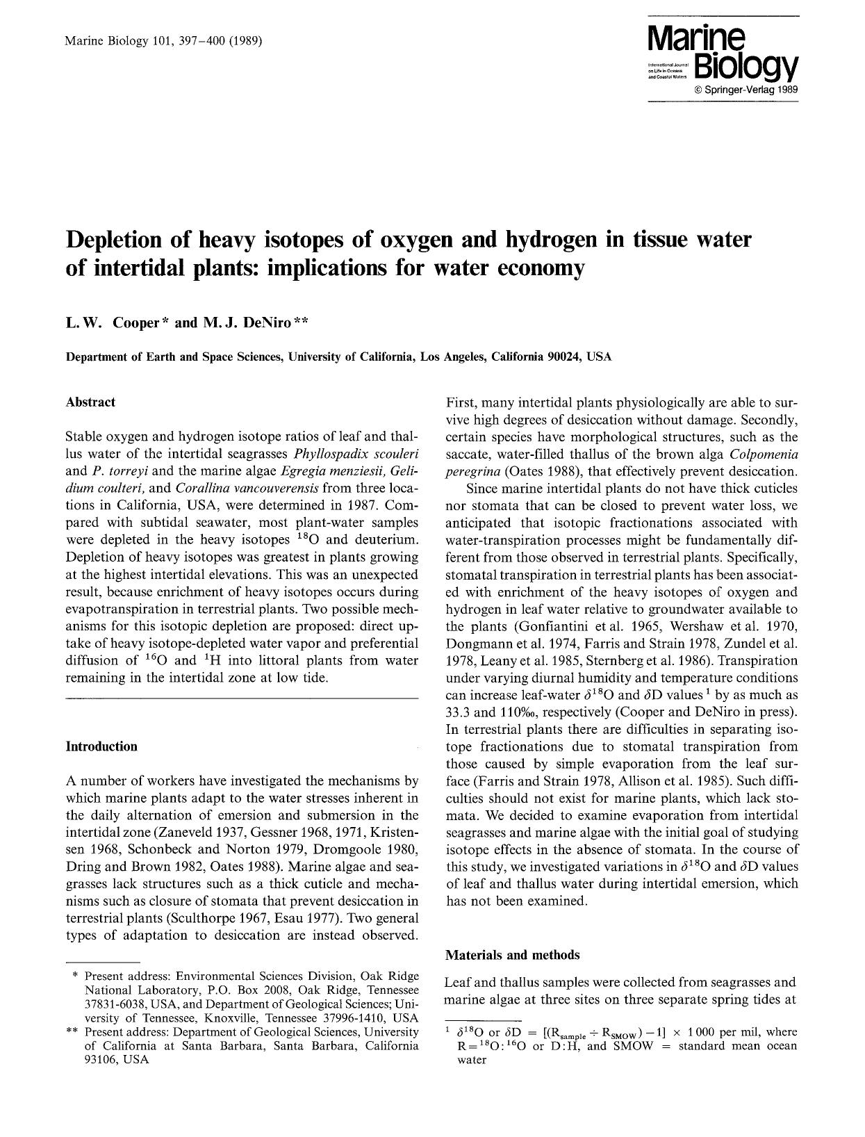 Depletion of heavy isotopes of oxygen and hydrogen in tissue water of intertidal plants: implications for water economy by Unknown