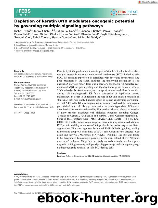 Depletion of keratin 818 modulates oncogenic potential by governing multiple signaling pathways by Unknown