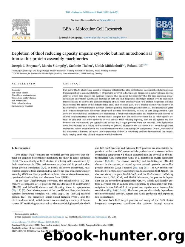 Depletion of thiol reducing capacity impairs cytosolic but not mitochondrial iron-sulfur protein assembly machineries by Joseph J. Braymer & Martin Stümpfig & Stefanie Thelen & Ulrich Mühlenhoff & Roland Lill