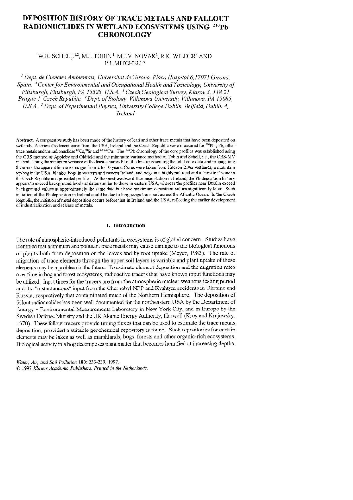 Deposition History of Trace Metals and Fallout Radionuclides in Wetland Ecosystems using 210Pb Chronology by Unknown