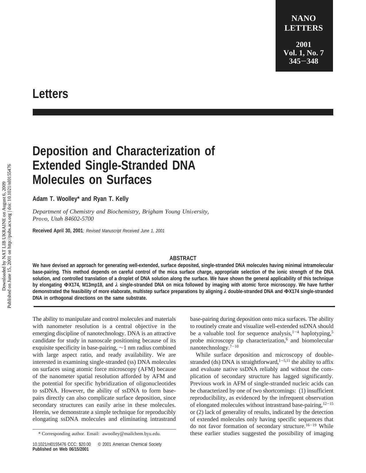 Deposition and Characterization of Extended Single-Stranded DNA Molecules on Surfaces by Adam T. Woolley* & Ryan T. Kelly