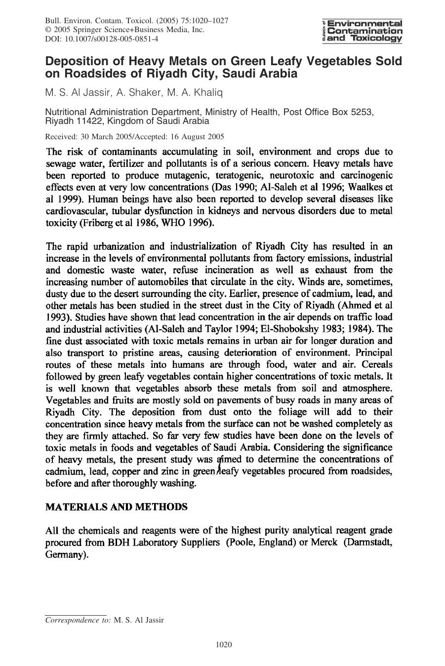Deposition of Heavy Metals on Green Leafy Vegetables Sold on Roadsides of Riyadh City, Saudi Arabia by Al Jassir M. S. et al