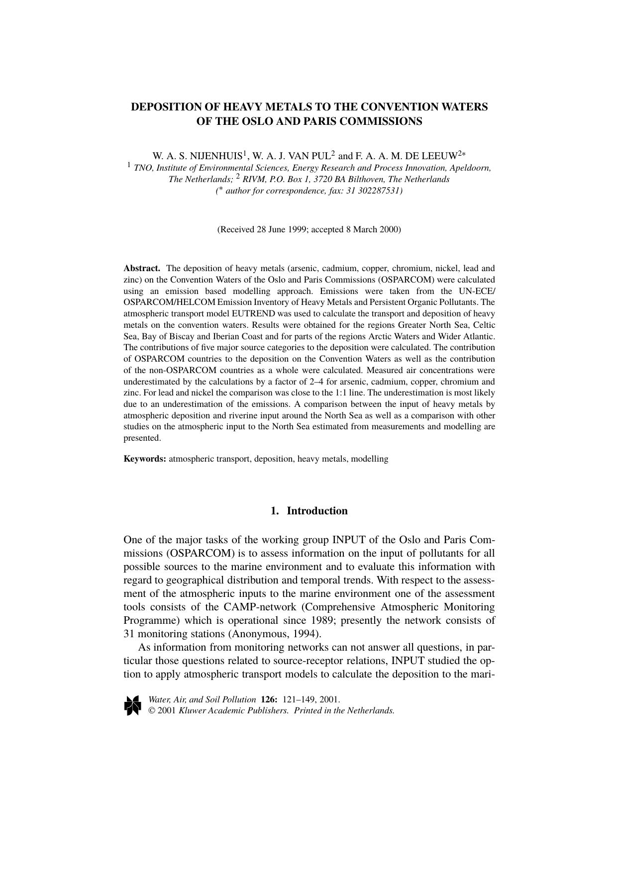Deposition of Heavy Metals to the Convention Waters of the Oslo and Paris Commissions by Unknown