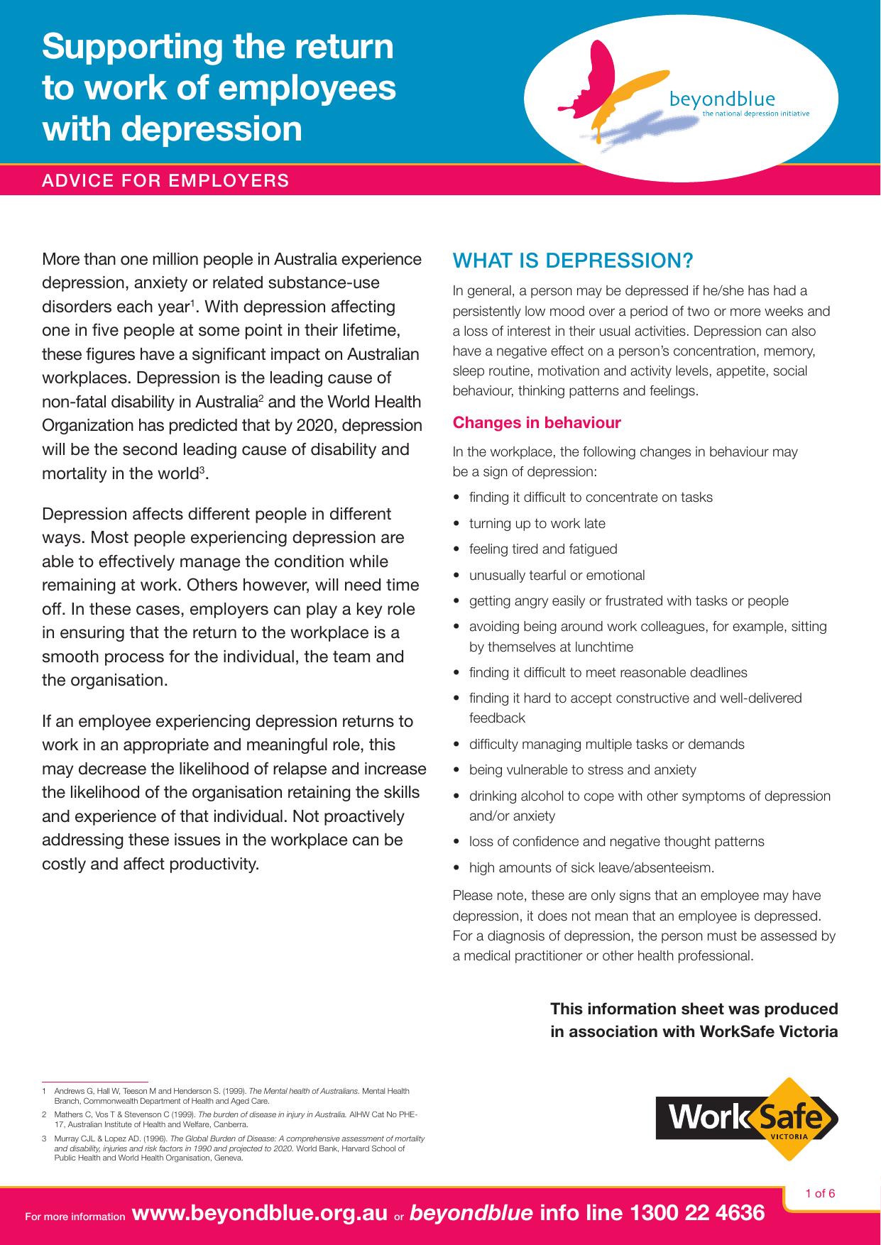 Depression by supporting the return to work of employees