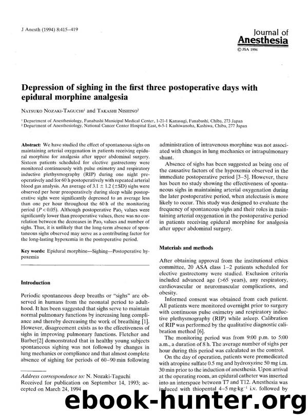 Depression of sighing in the first three postoperative days with epidural morphine analgesia by Unknown