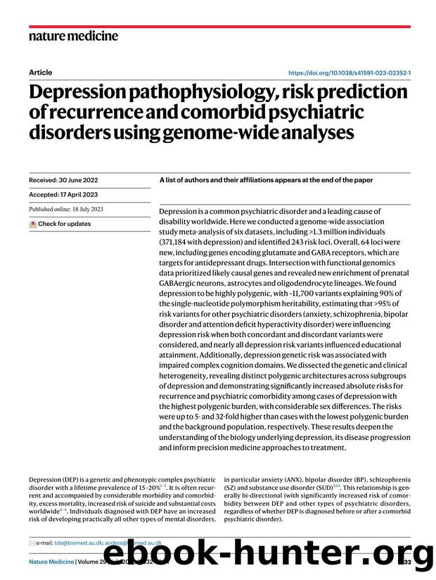 Depression pathophysiology, risk prediction of recurrence and comorbid psychiatric disorders using genome-wide analyses by unknow