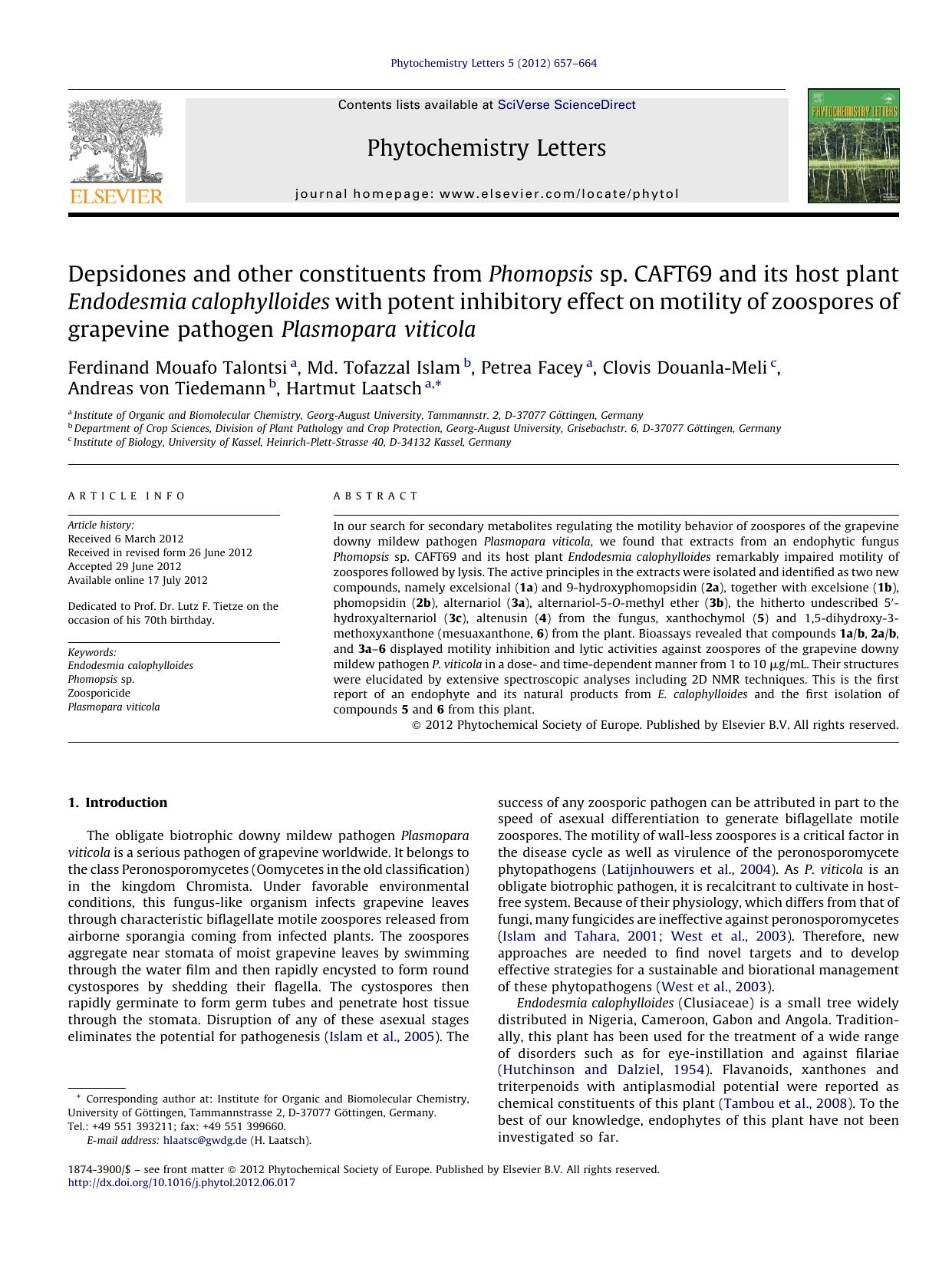 Depsidones and other constituents from Phomopsis sp. CAFT69 and its host plant Endodesmia calophylloides with potent inhibitory effect on motility of zoospores of grapevine pathoge by Ferdinand Mouafo Talontsi