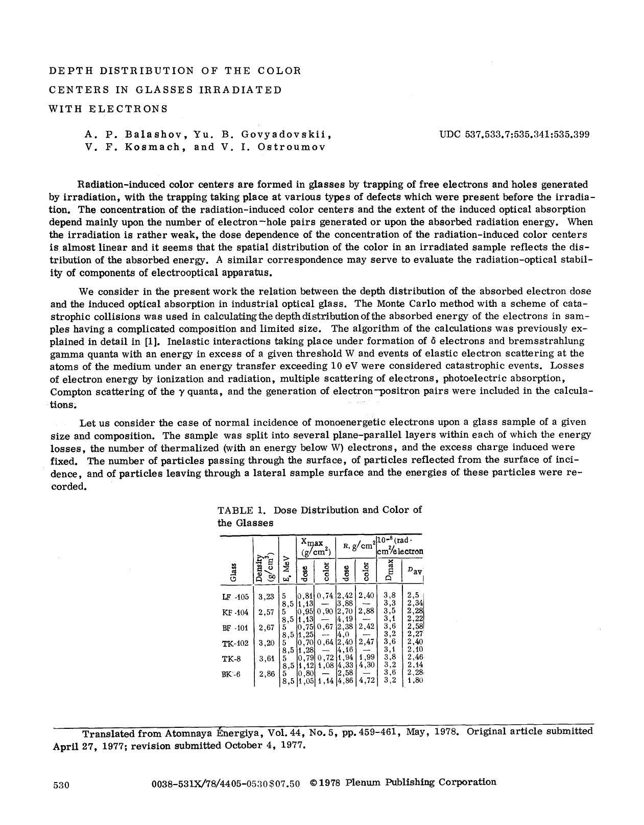 Depth distribution of the color centers in glasses irradiated with electrons by Unknown