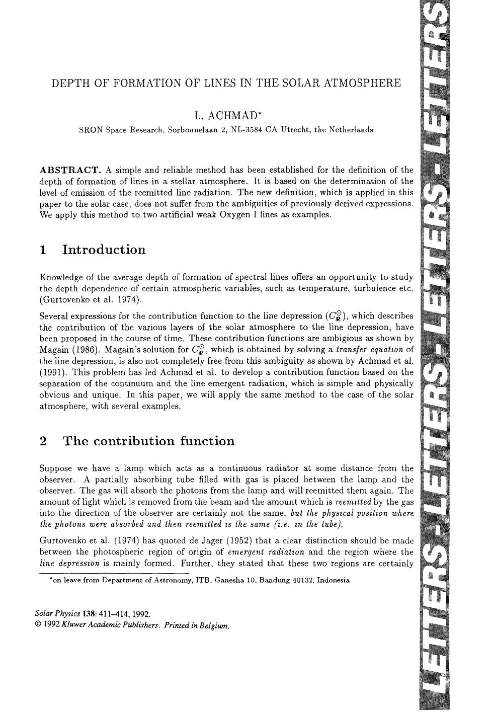 Depth of formation of lines in the solar atmosphere by Unknown