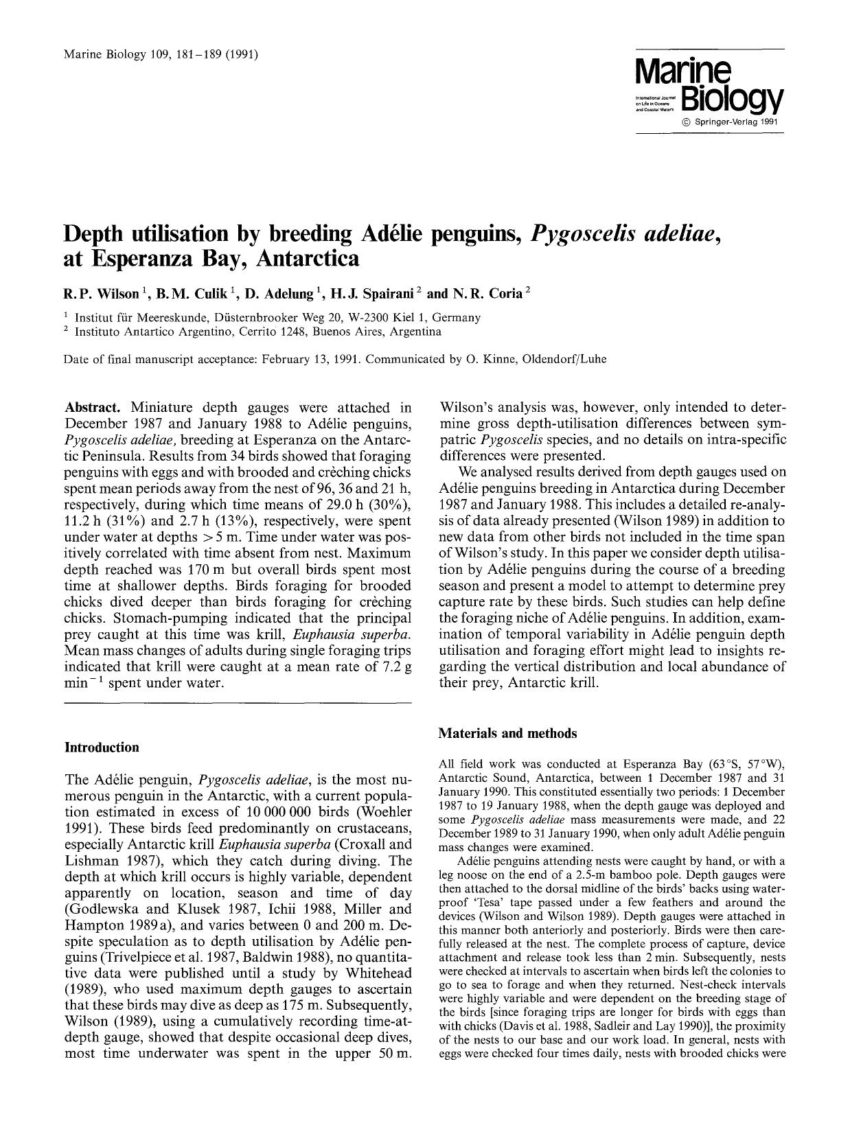 Depth utilisation by breeding Ad&#x00E9;lie penguins, <Emphasis Type="Italic">Pygoscelis adeliae <Emphasis>, at Esperanza Bay, Antarctica by Unknown