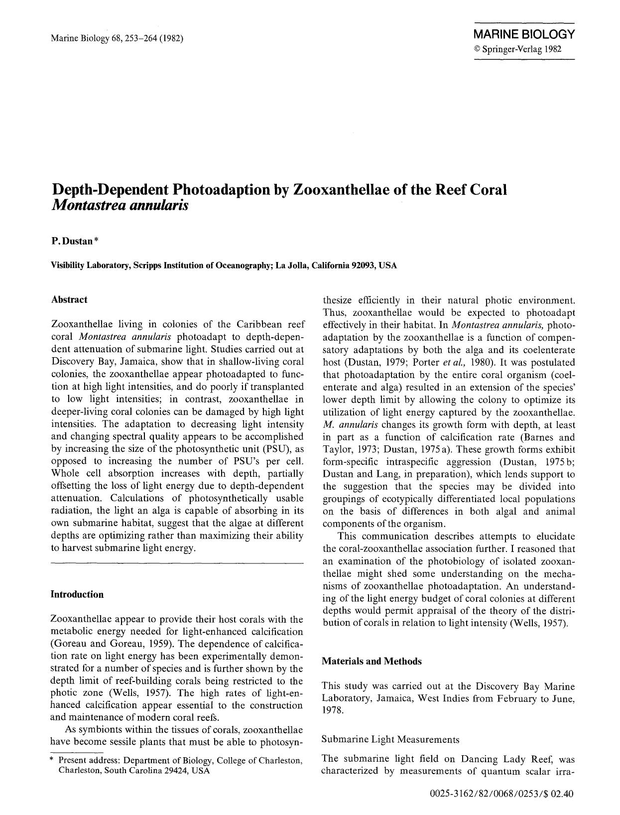 Depth-dependent photoadaption by zooxanthellae of the reef coral <Emphasis Type="Italic">Montastrea annularis<Emphasis> by Unknown