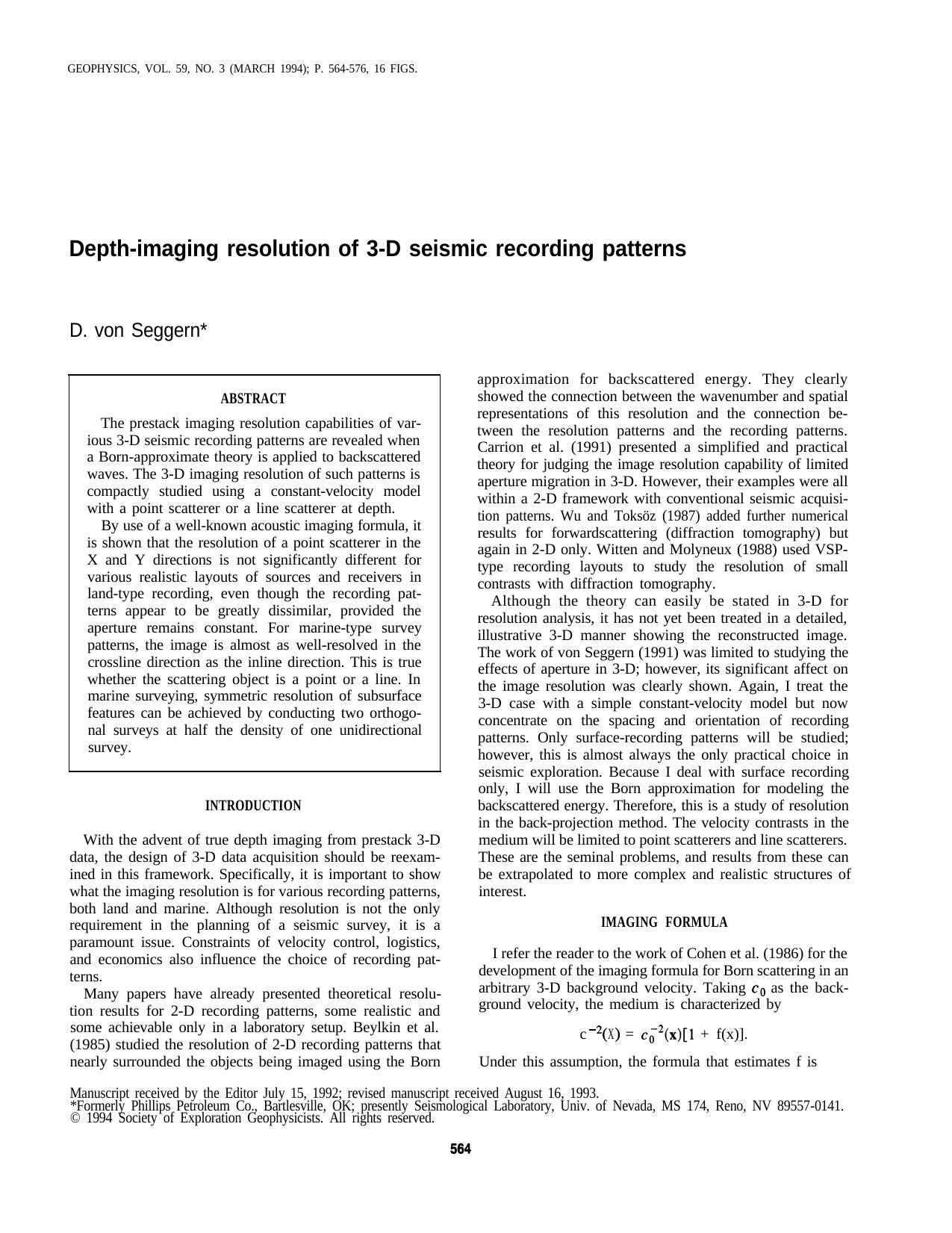 Depth-imaging resolution of 3-D seismic recording patterns by D. von Seggern