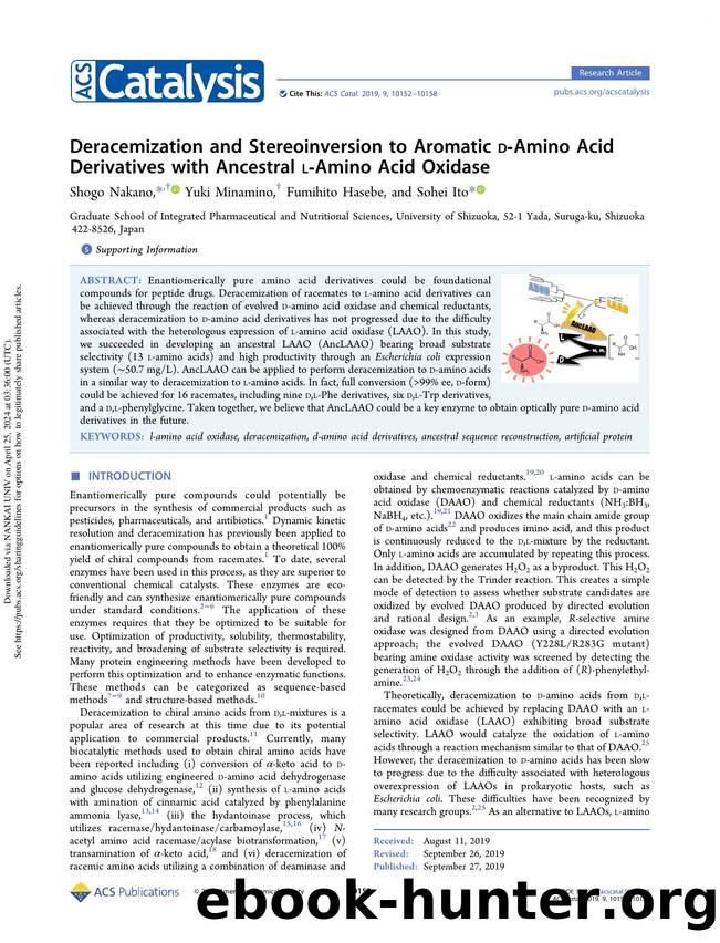 Deracemization and Stereoinversion to Aromatic d-Amino Acid Derivatives with Ancestral l-Amino Acid Oxidase by Shogo Nakano Yuki Minamino Fumihito Hasebe & Sohei Ito