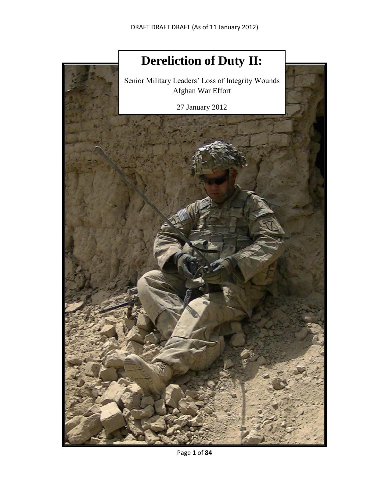 Dereliction of Duty II: Senior Military Leadersâ Loss of Integrity Wounds Afghan War Effort by Davis D