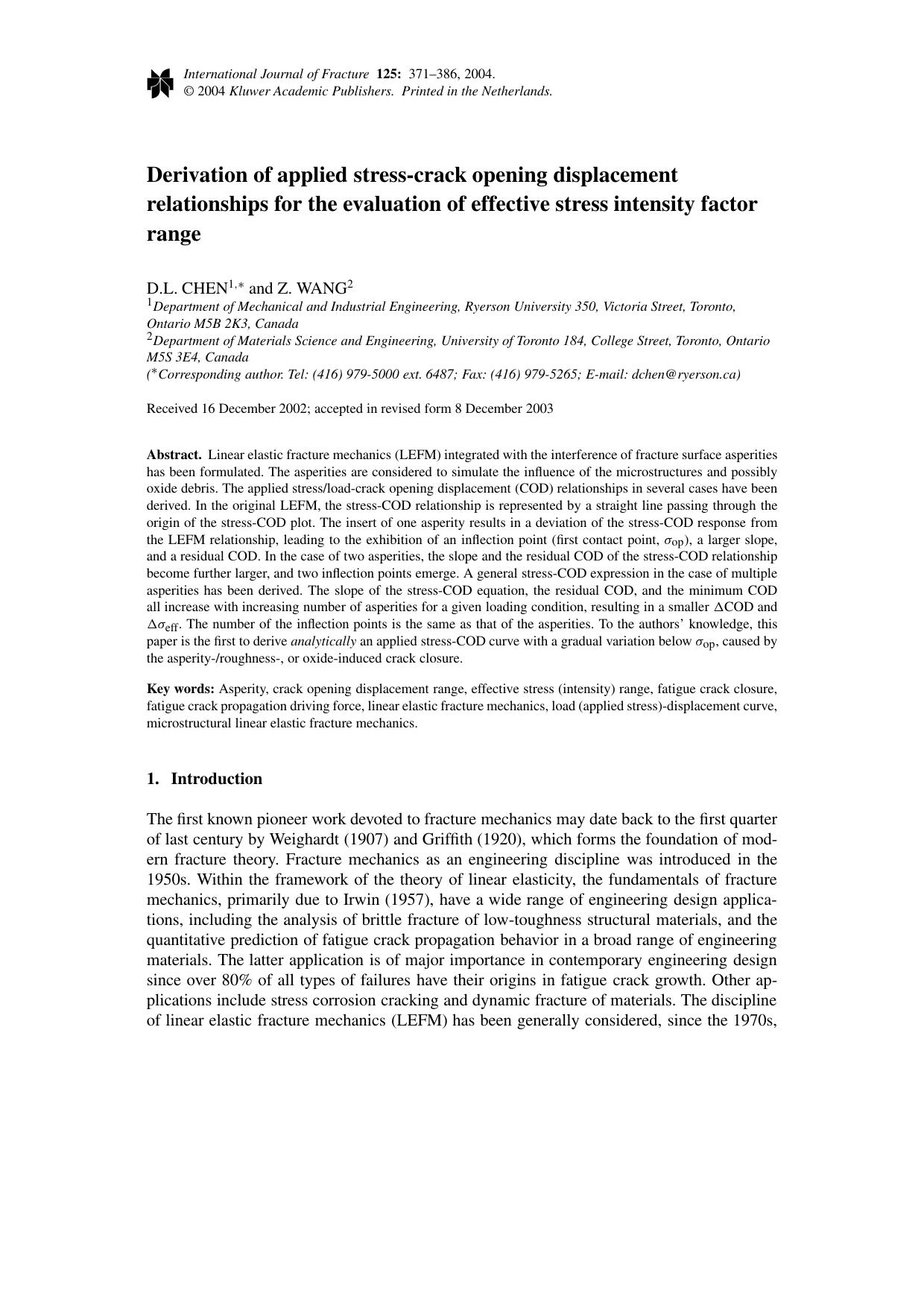 Derivation of applied stress-crack opening displacement relationships for the evaluation of effective stress intensity factor range by Unknown