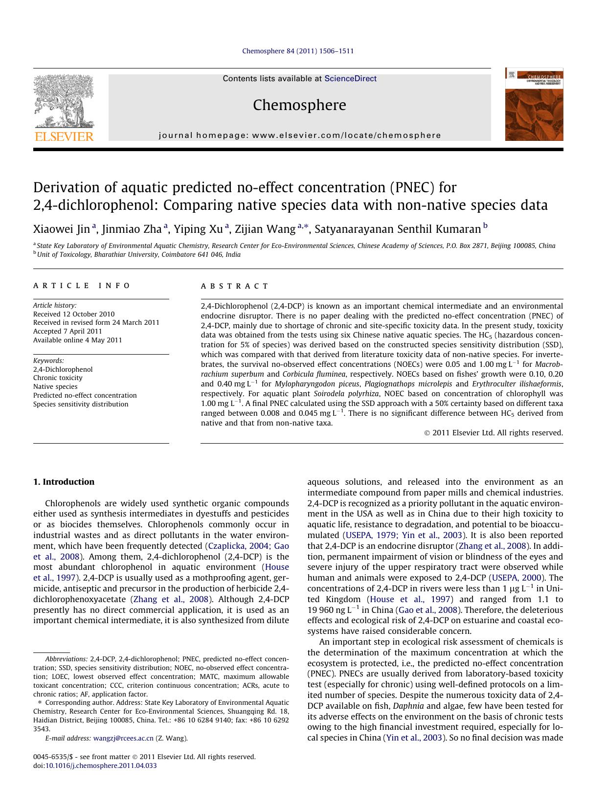 Derivation of aquatic predicted no-effect concentration (PNEC) for 2,4-dichlorophenol: Comparing native species data with non-native species data by Xiaowei Jin & Jinmiao Zha & Yiping Xu & Zijian Wang & Satyanarayanan Senthil Kumaran