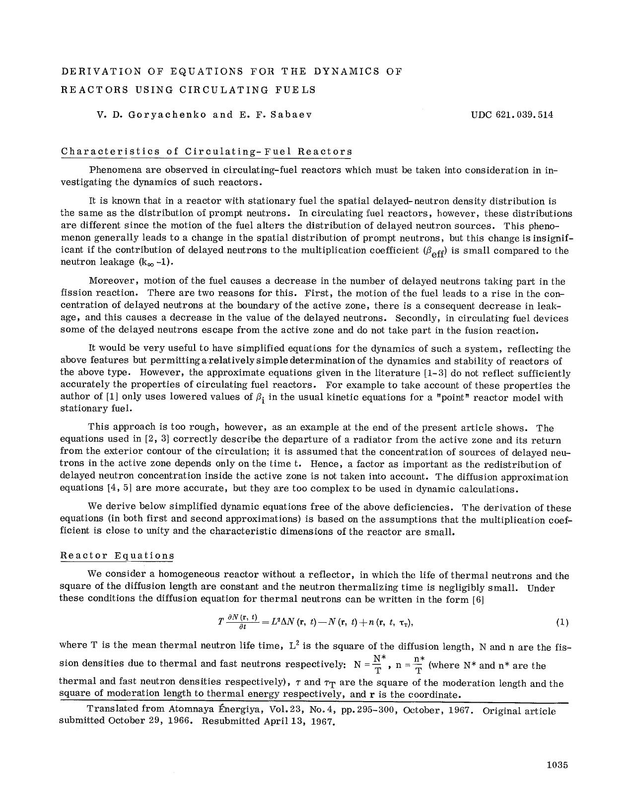 Derivation of equations for the dynamics of reactors using circulating fuels by Unknown