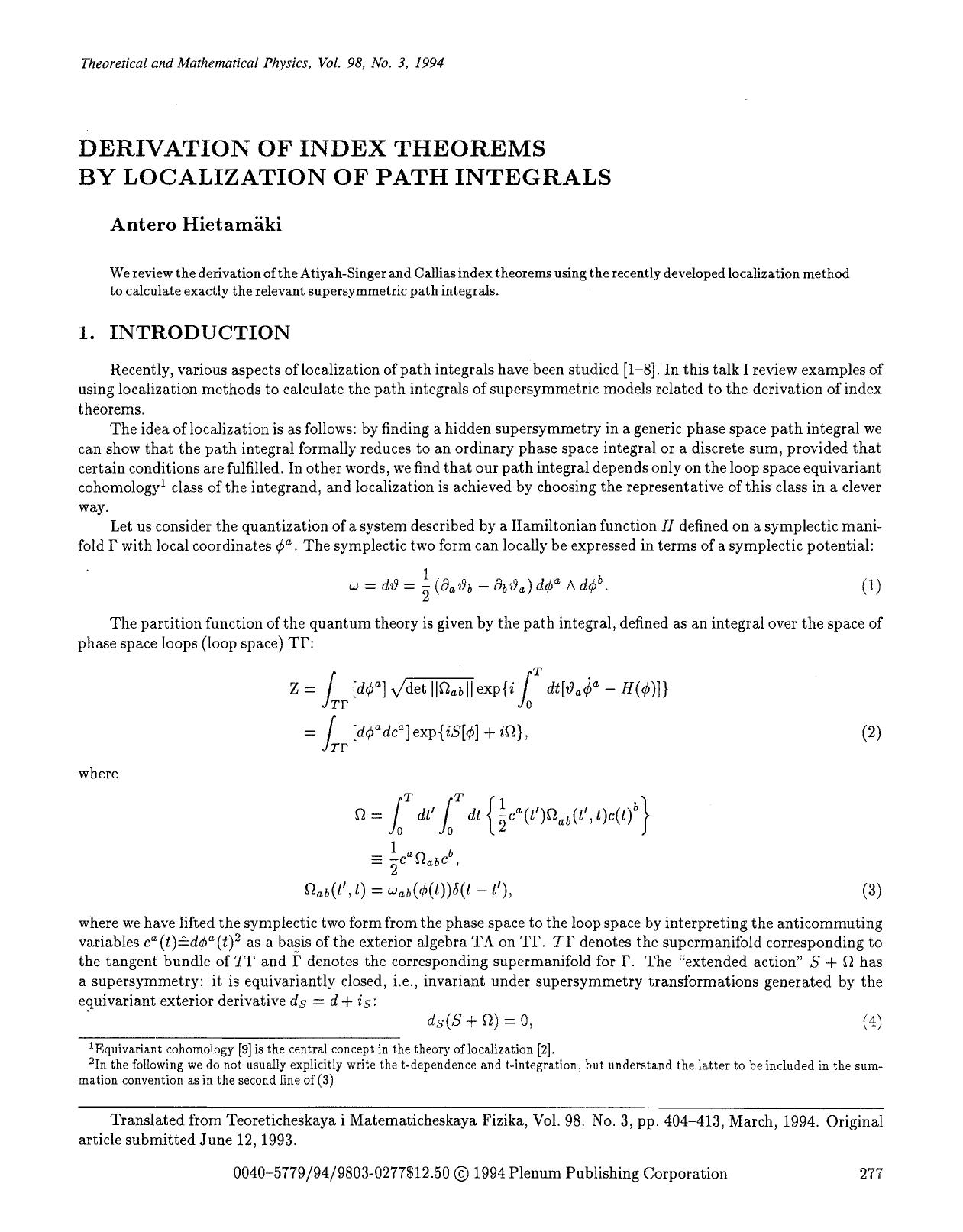 Derivation of index theorems by localization of path integrals by Unknown