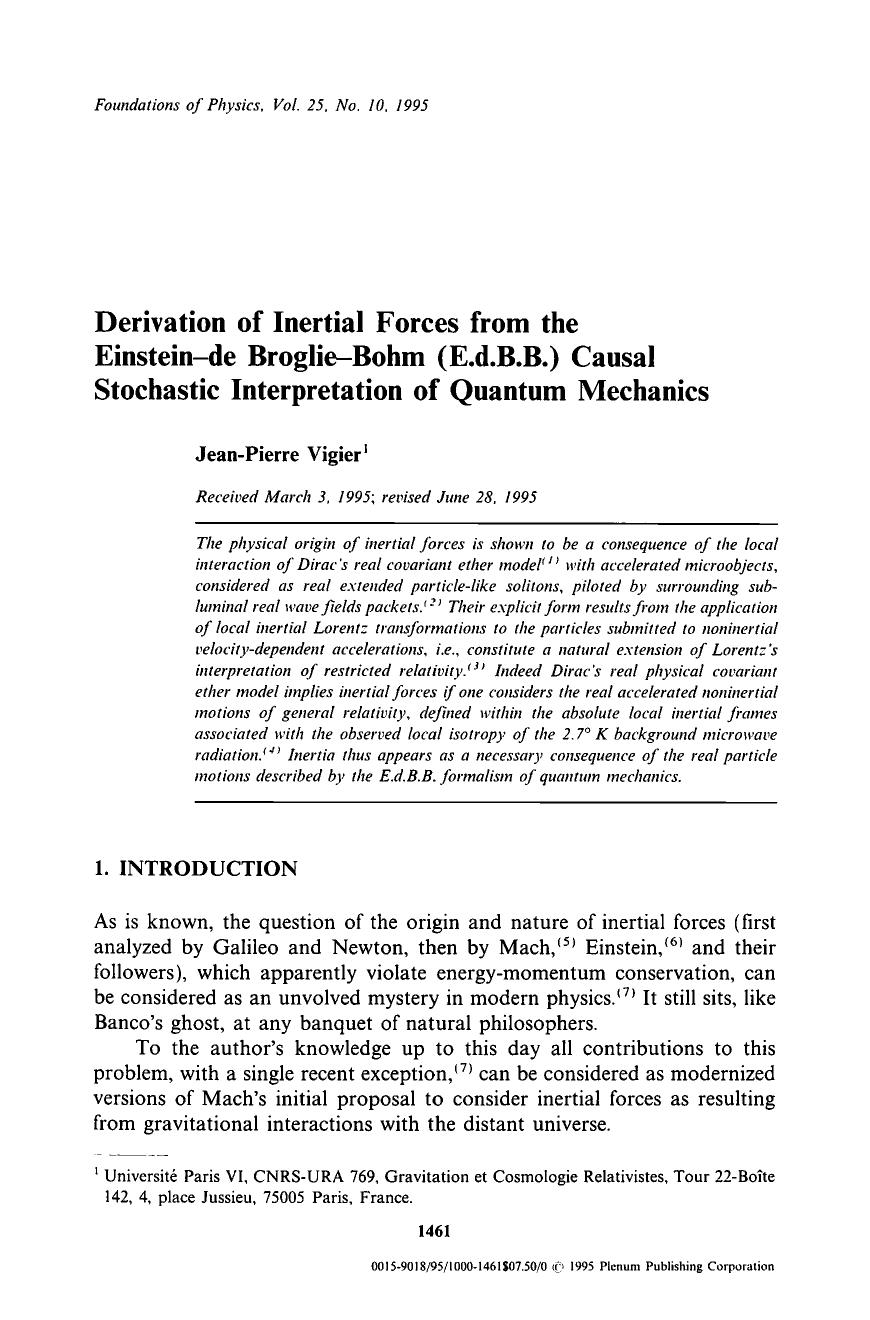Derivation of inertial forces from the Einstein-de Broglie-Bohm (E.d.B.B.) causal stochastic interpretation of quantum mechanics by Unknown