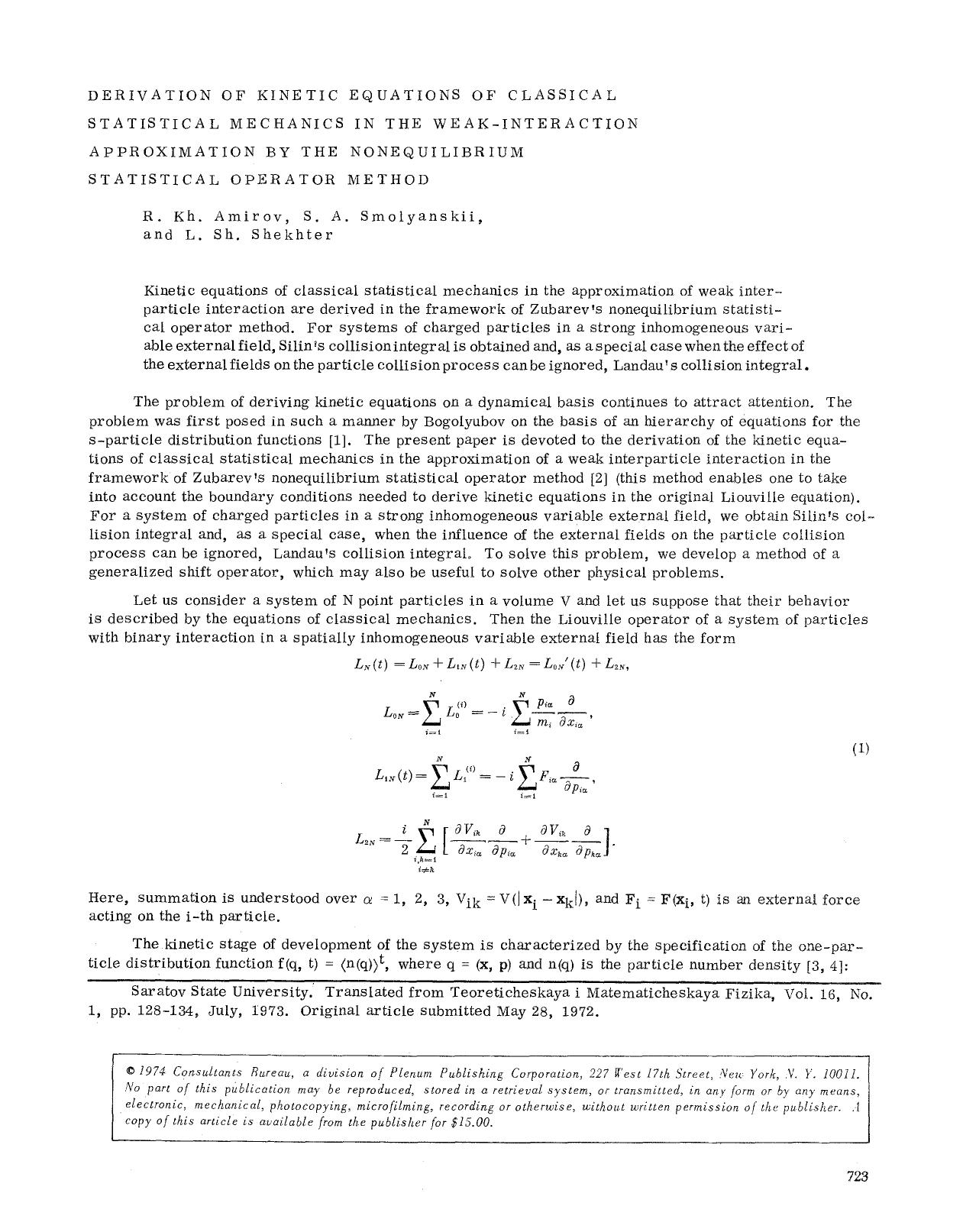 Derivation of kinetic equations of classical statistical mechanics in the weak-interaction approximation by the nonequilibrium statistical operator method by Unknown