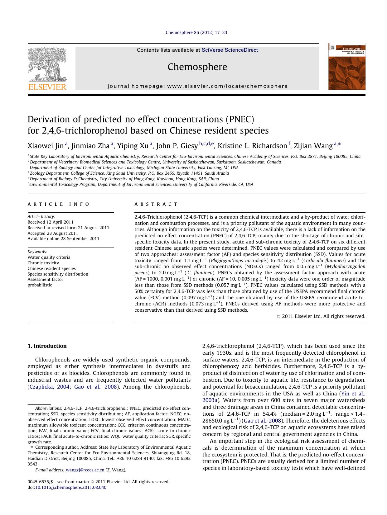 Derivation of predicted no effect concentrations (PNEC) for 2,4,6-trichlorophenol based on Chinese resident species by Xiaowei Jin & Jinmiao Zha & Yiping Xu & John P. Giesy & Kristine L. Richardson & Zijian Wang