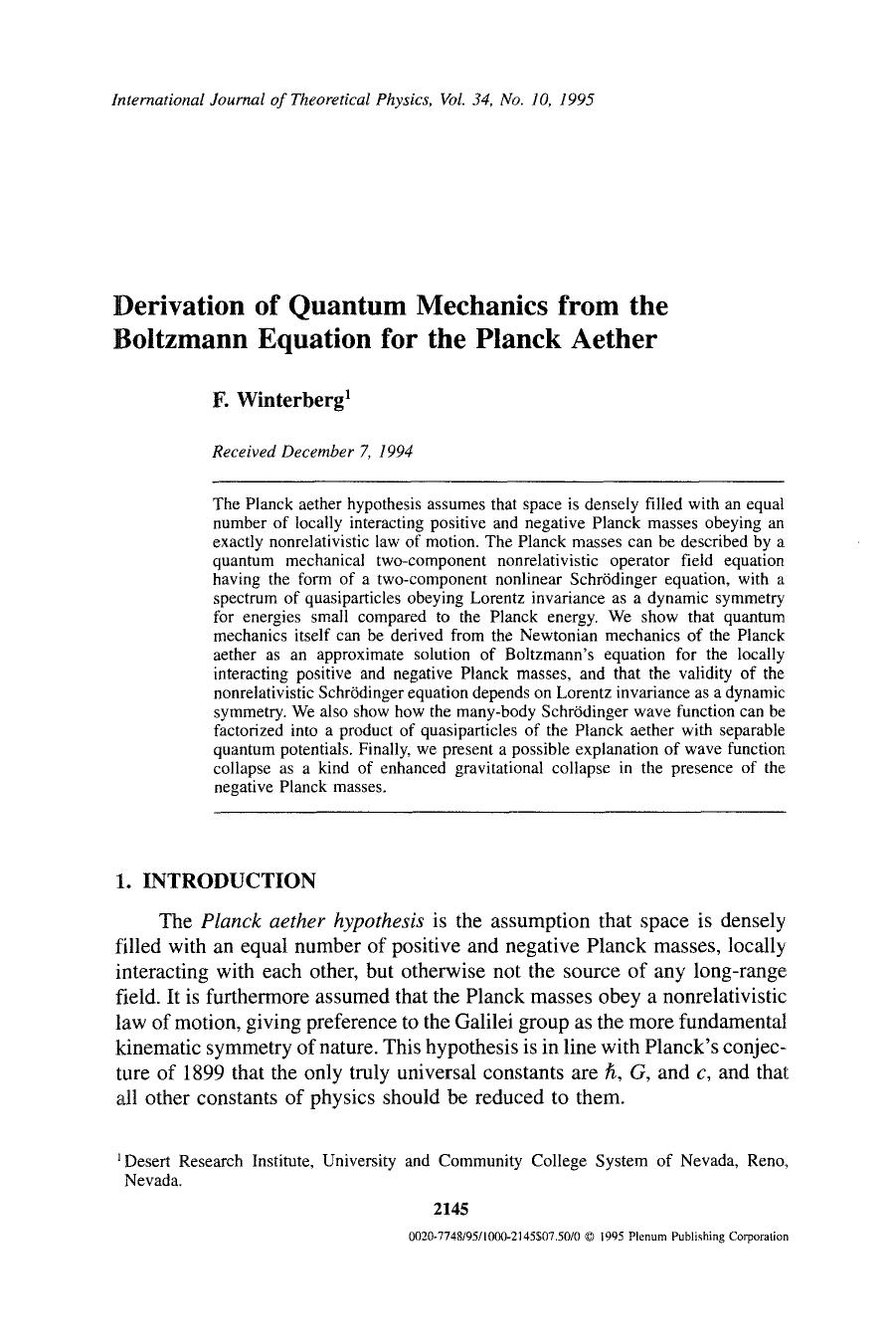 Derivation of quantum mechanics from the Boltzmann equation for the Planck aether by Unknown