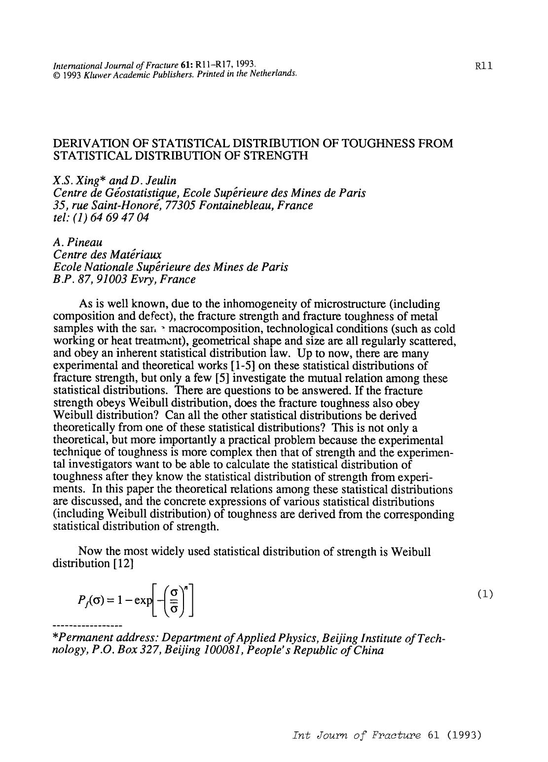 Derivation of statistical distribution of toughness from statistical distribution of strength by Unknown