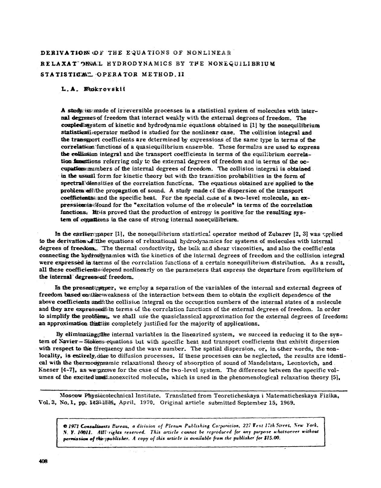 Derivation of the equations of nonlinear relaxational hydrodynamics by the nonequilibrium statistical operator method. II by Unknown