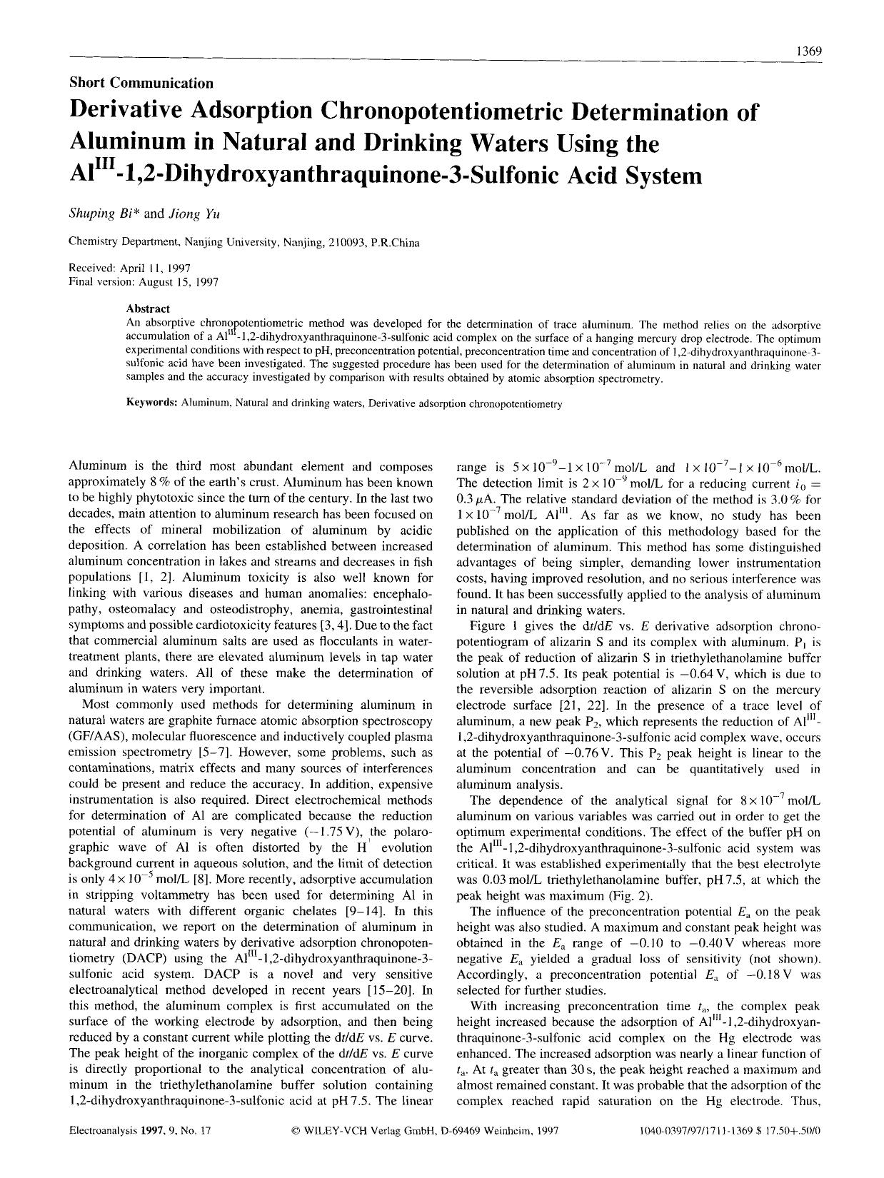 Derivative adsorption chronopotentiometric determination of aluminum in natural and drinking waters using the AlIII-1,2-dihydroxyanthraquinone-3-sulfonic acid system by Unknown