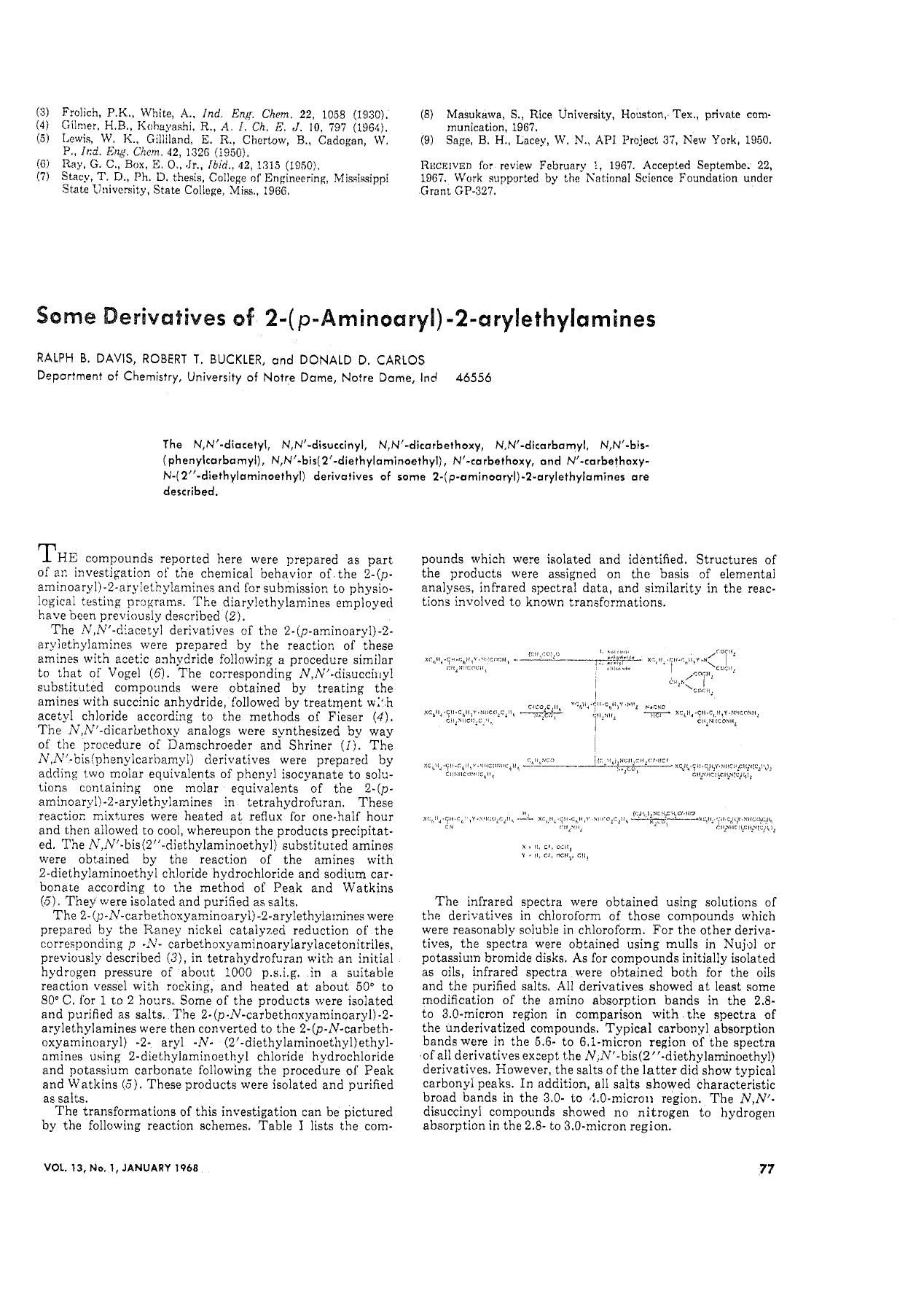 Derivatives of 2-(p-aminoaryl)-2-arylethylamines by Ralph Benedict. Davis Robert T. Buckler Donald D. Carlos