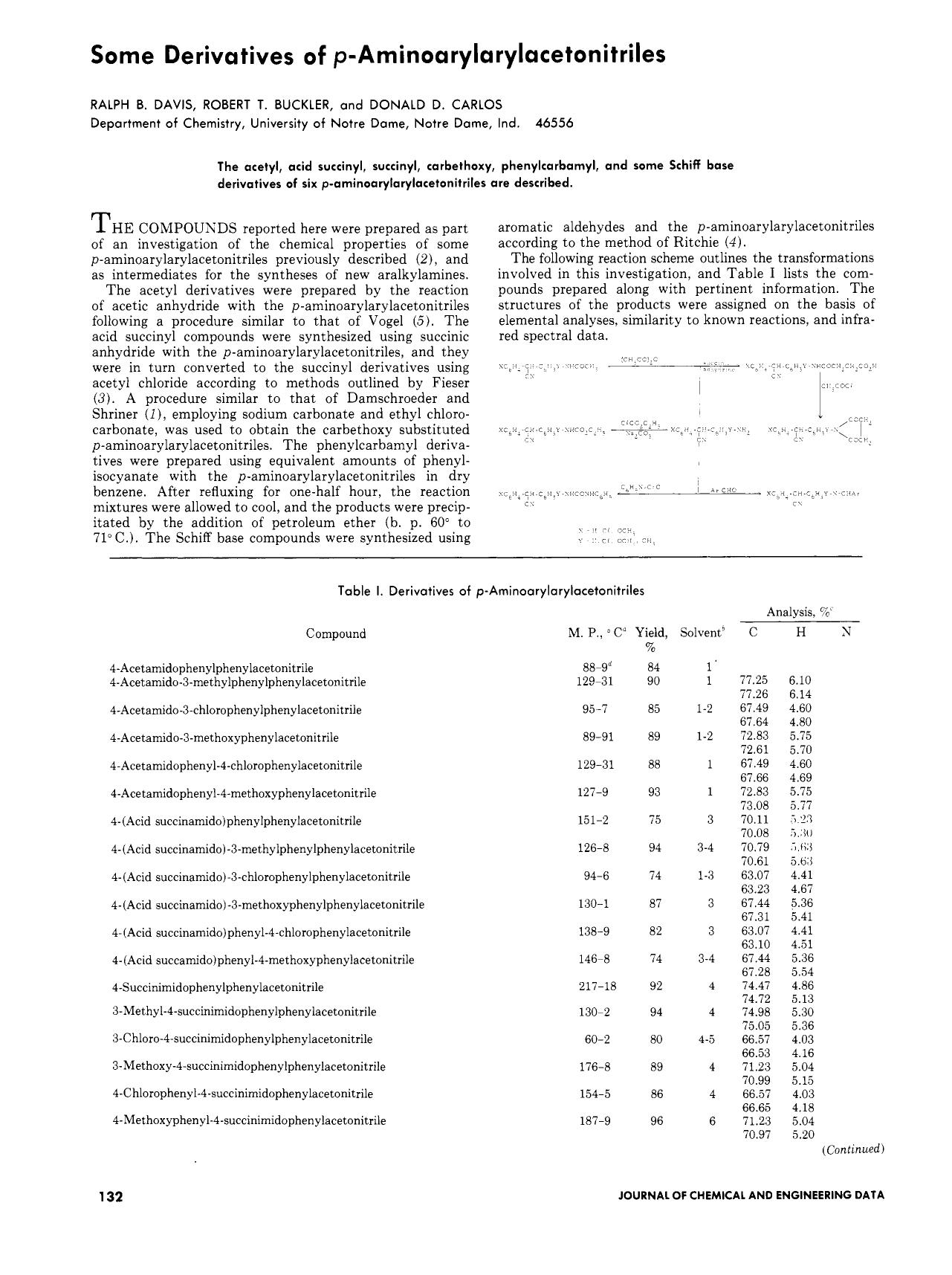 Derivatives of p-aminoarylarylacetonitriles by Ralph Benedict. Davis Robert T. Buckler Donald D. Carlos