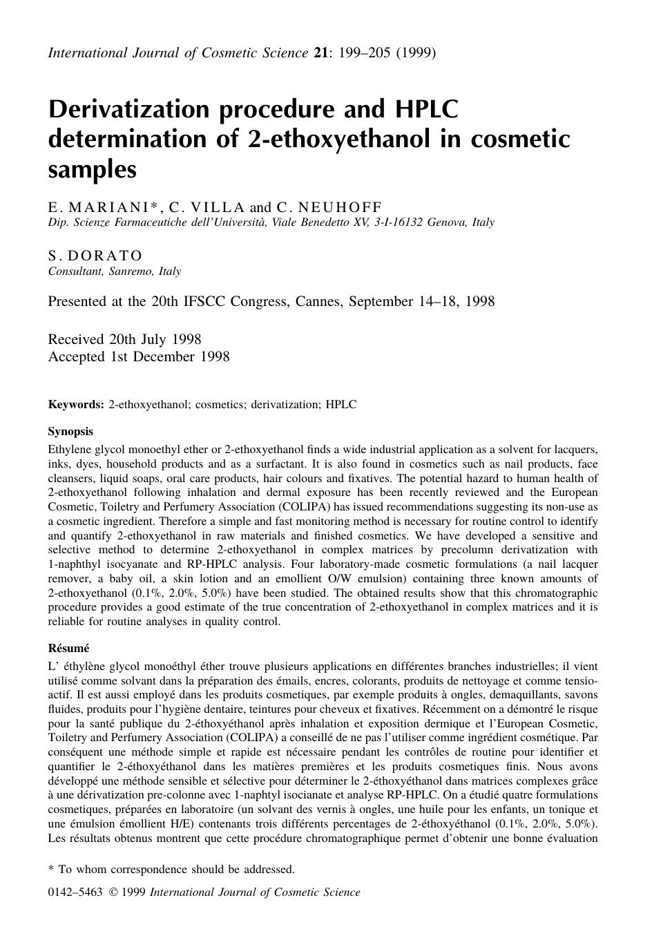 Derivatization Procedure and HPLC Determination of 2-Ethoxyethanol in Cosmetic Samples by E . MARIANI C . VILLA C . NEUHOFF & S> DORATO