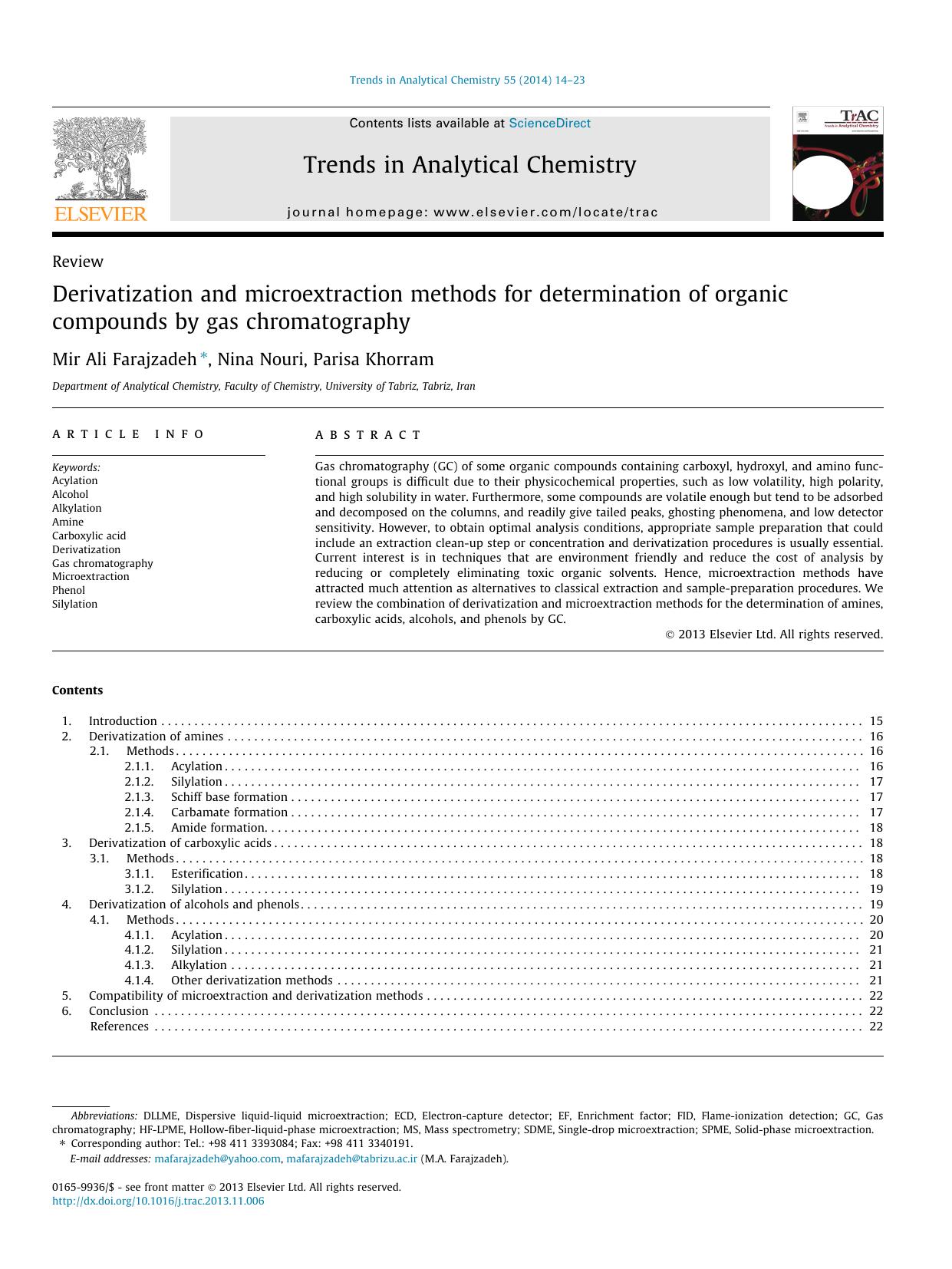 Derivatization and microextraction methods for determination of organic compounds by gas chromatography by Mir Ali Farajzadeh & Nina Nouri & Parisa Khorram