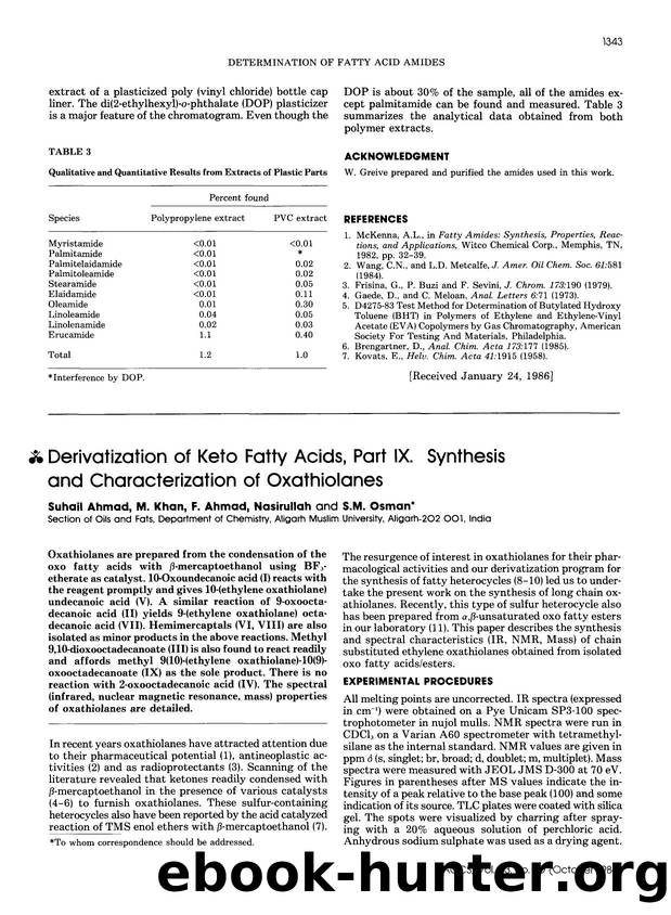 Derivatization of keto fatty acids, part ix. synthesis and characterization of oxathiolanes by Unknown