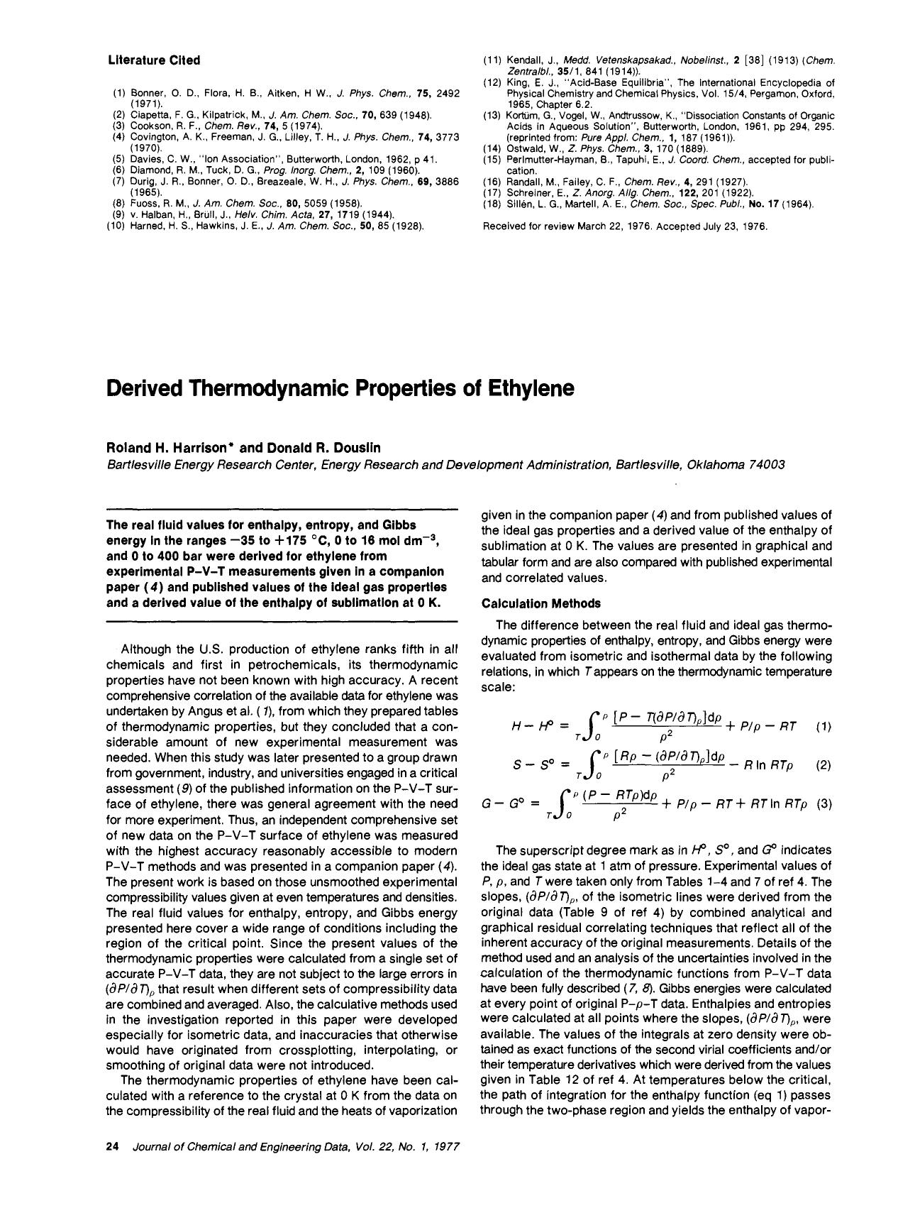 Derived thermodynamic properties of ethylene by Roland H. Harrison Donald R. Douslin