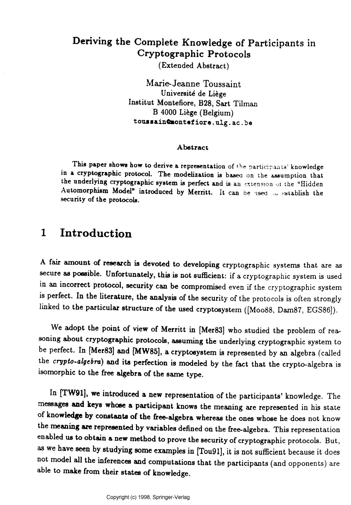 Deriving the complete knowledge of participants in cryptographic protocols by Toussaint M.-J