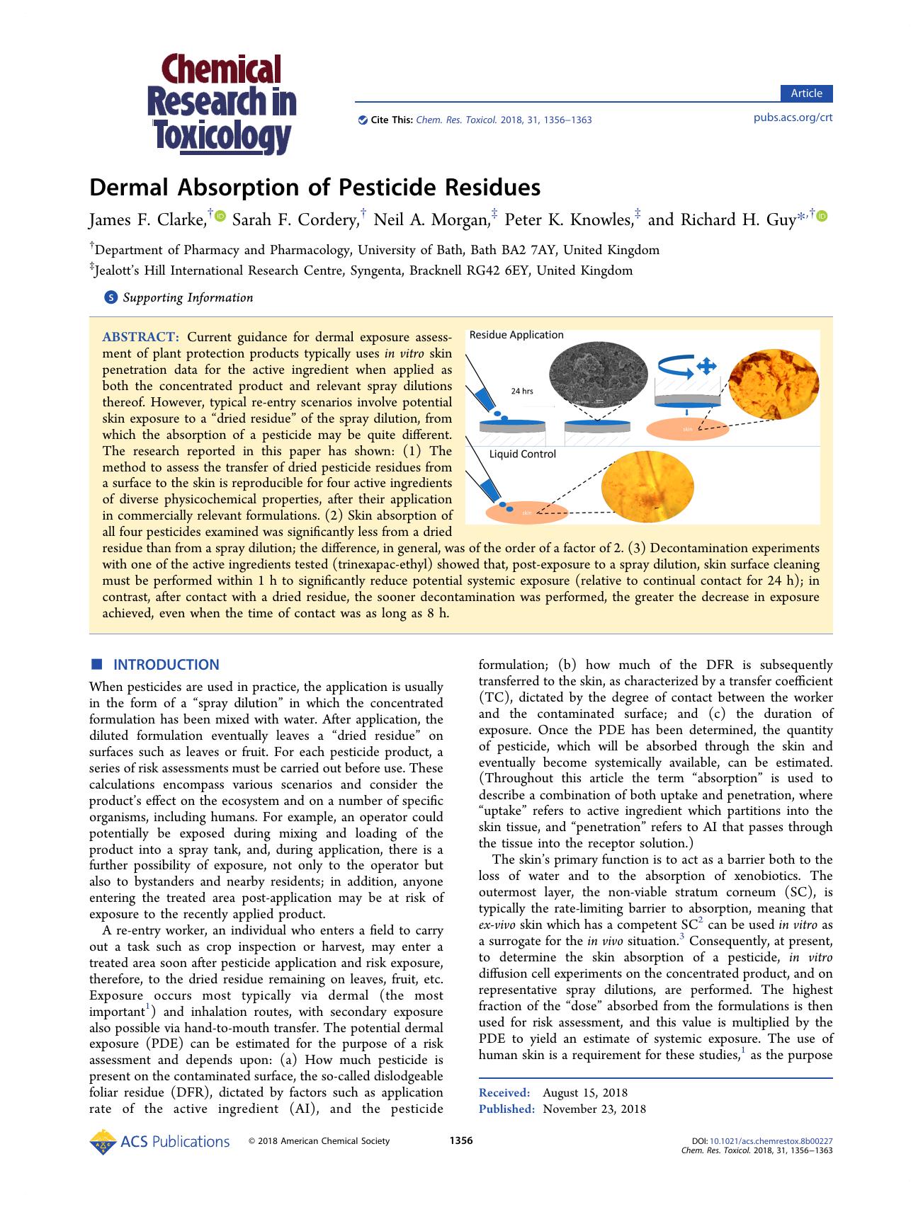 Dermal Absorption of Pesticide Residues by James F. Clarke Sarah F. Cordery Neil A. Morgan Peter K. Knowles and Richard H. Guy