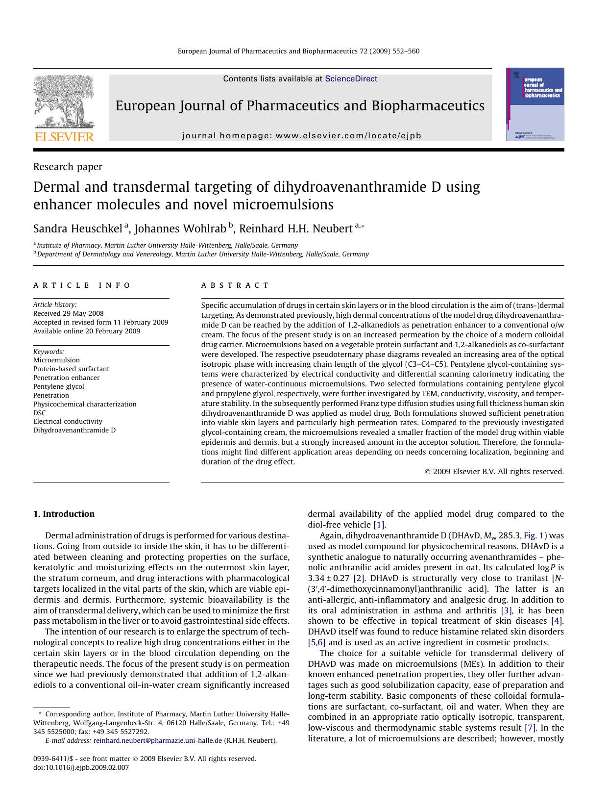 Dermal and transdermal targeting of dihydroavenanthramide D using enhancer molecules and novel microemulsions by Sandra Heuschkel; Johannes Wohlrab; Reinhard H.H. Neubert