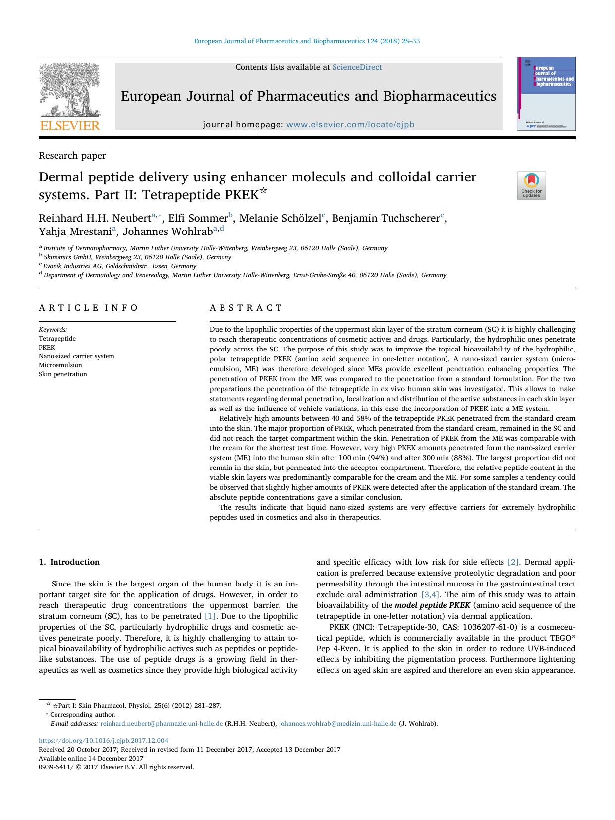 Dermal peptide delivery using enhancer moleculs and colloidal carrier systems. Part II_ Tetrapeptide PKEK by Reinhard H.H. Neubert
