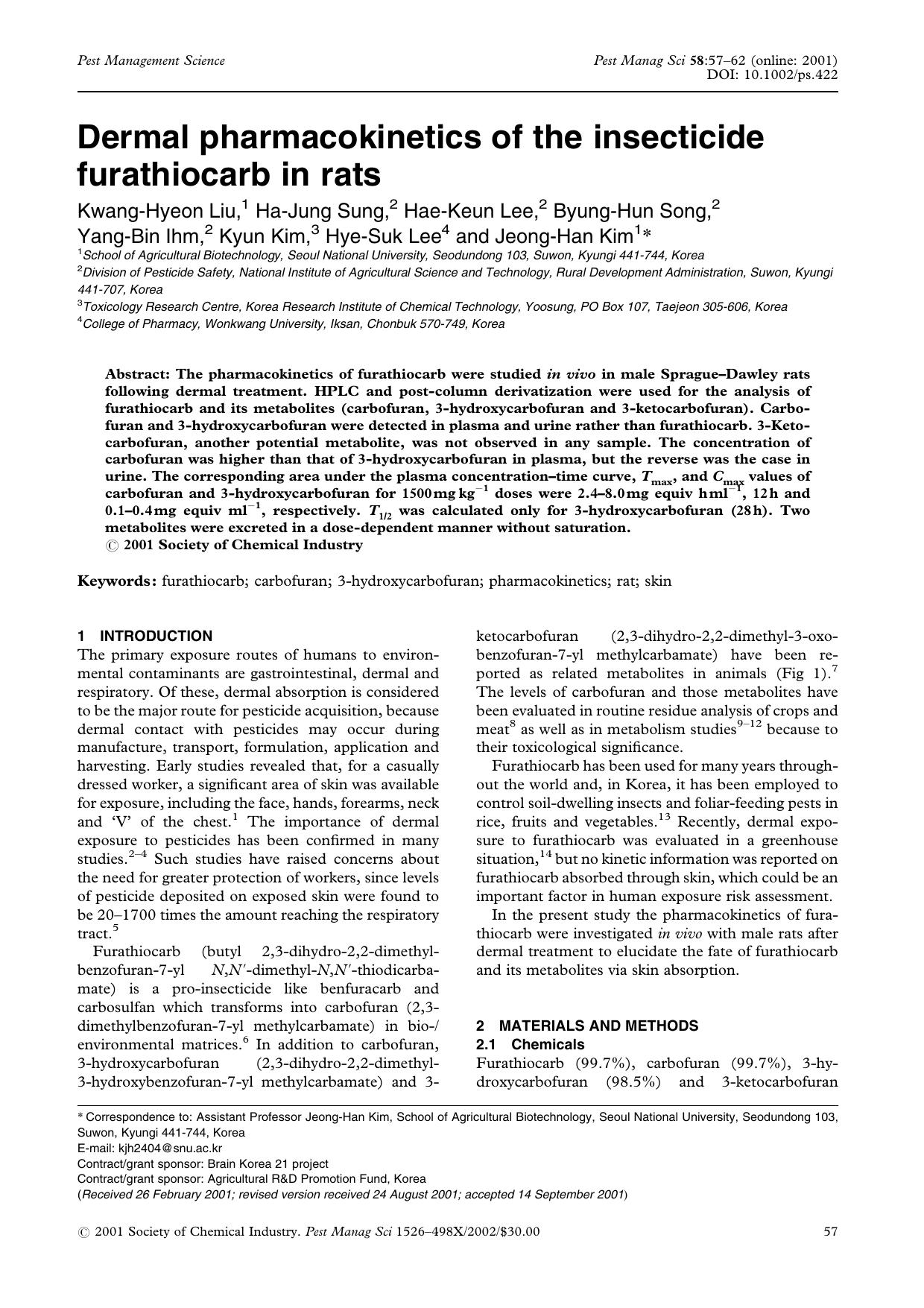 Dermal pharmacokinetics of the insecticide furathiocarb in rats by Unknown